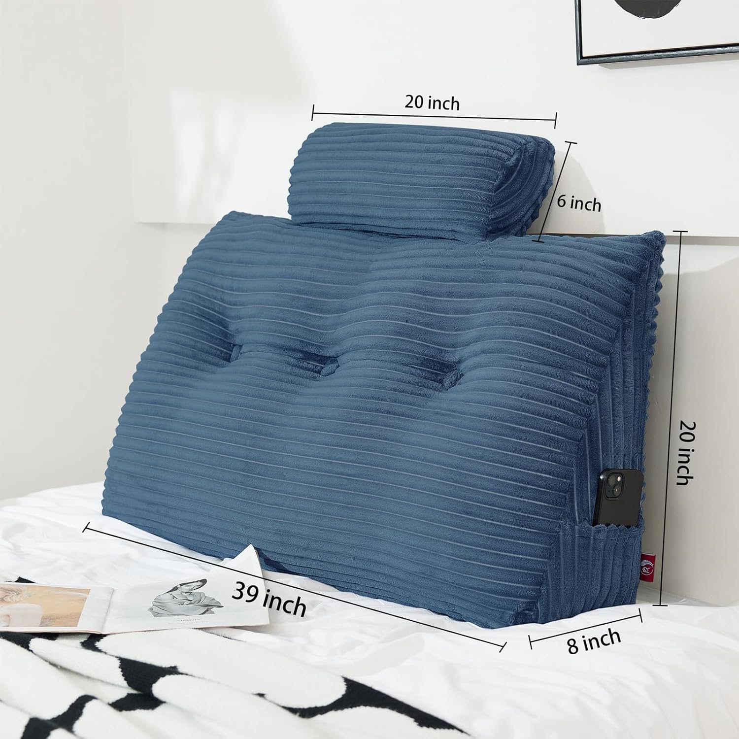 Soft Supportive Headboard Pillow with Neck Roll and Removable Cover