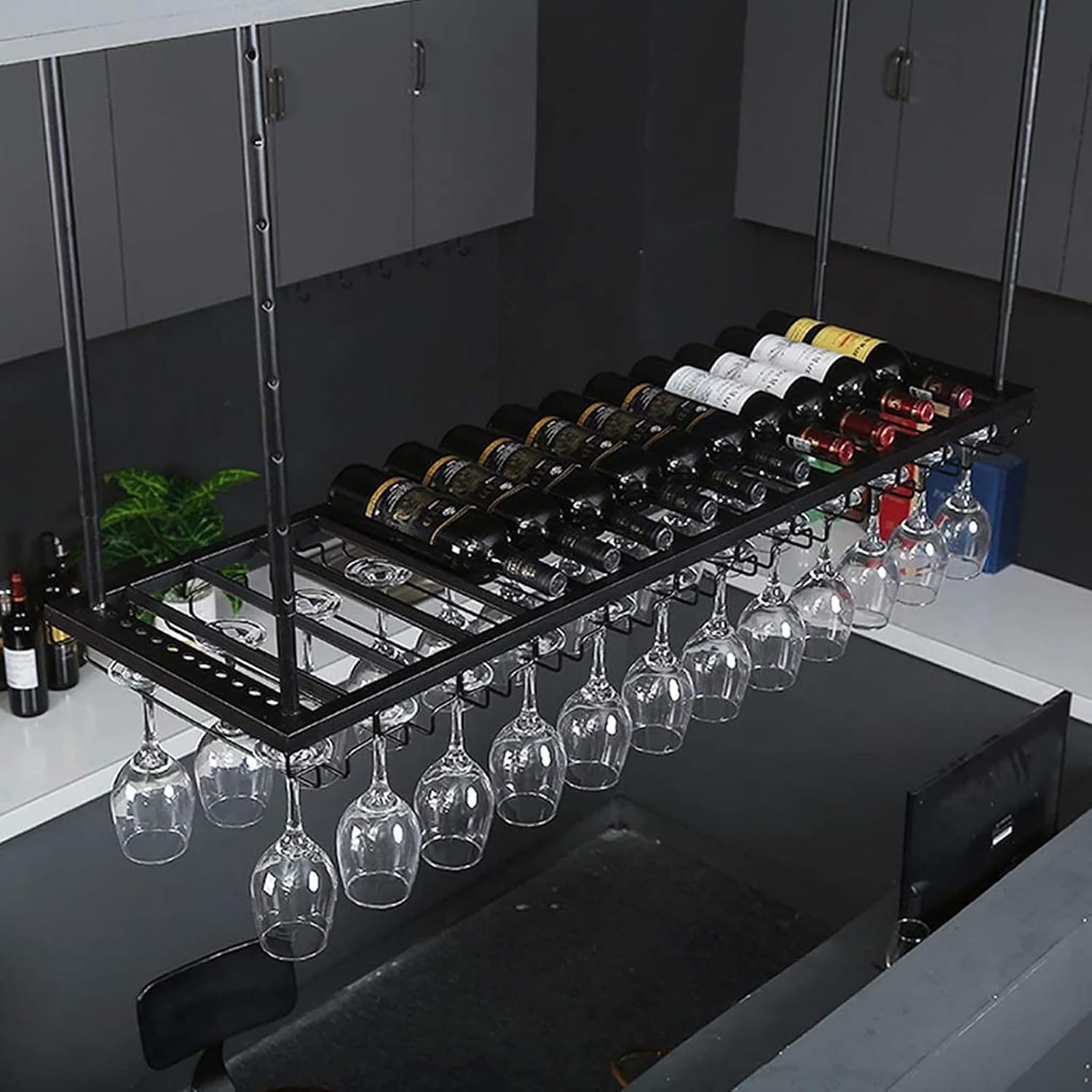 Adjustable Ceiling Hanging Wine Rack for Bars and Kitchens