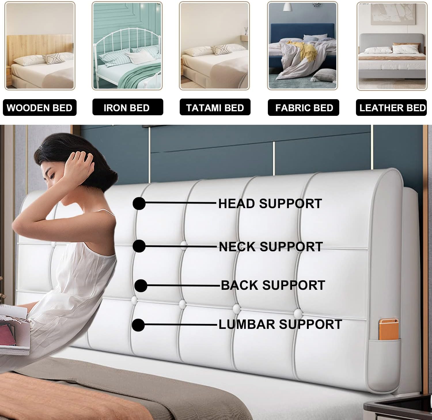 ZZYK Leather Headboard Pillow 472 White Ergonomic Reading Support