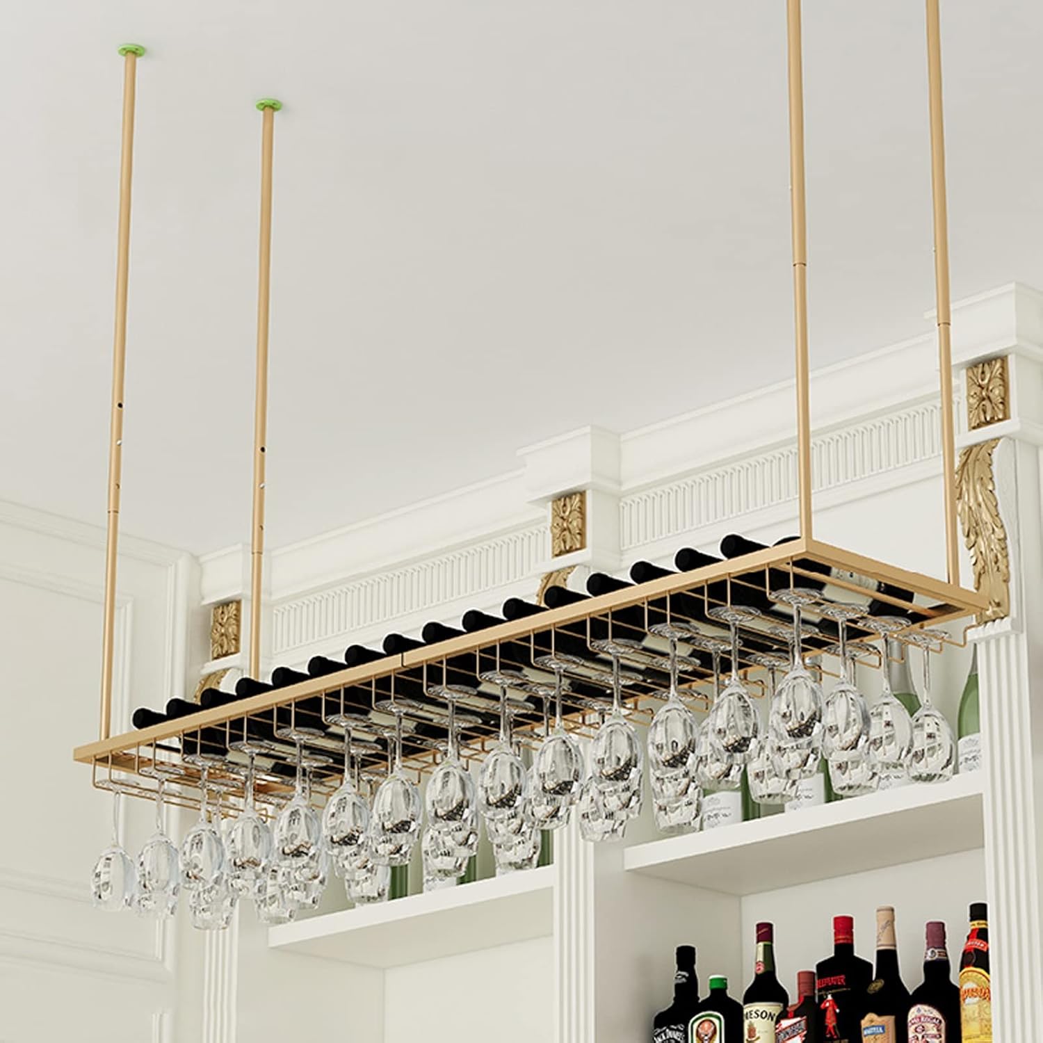 DASHADAO Gold Hanging Wine Glass Rack with Bottle Holder