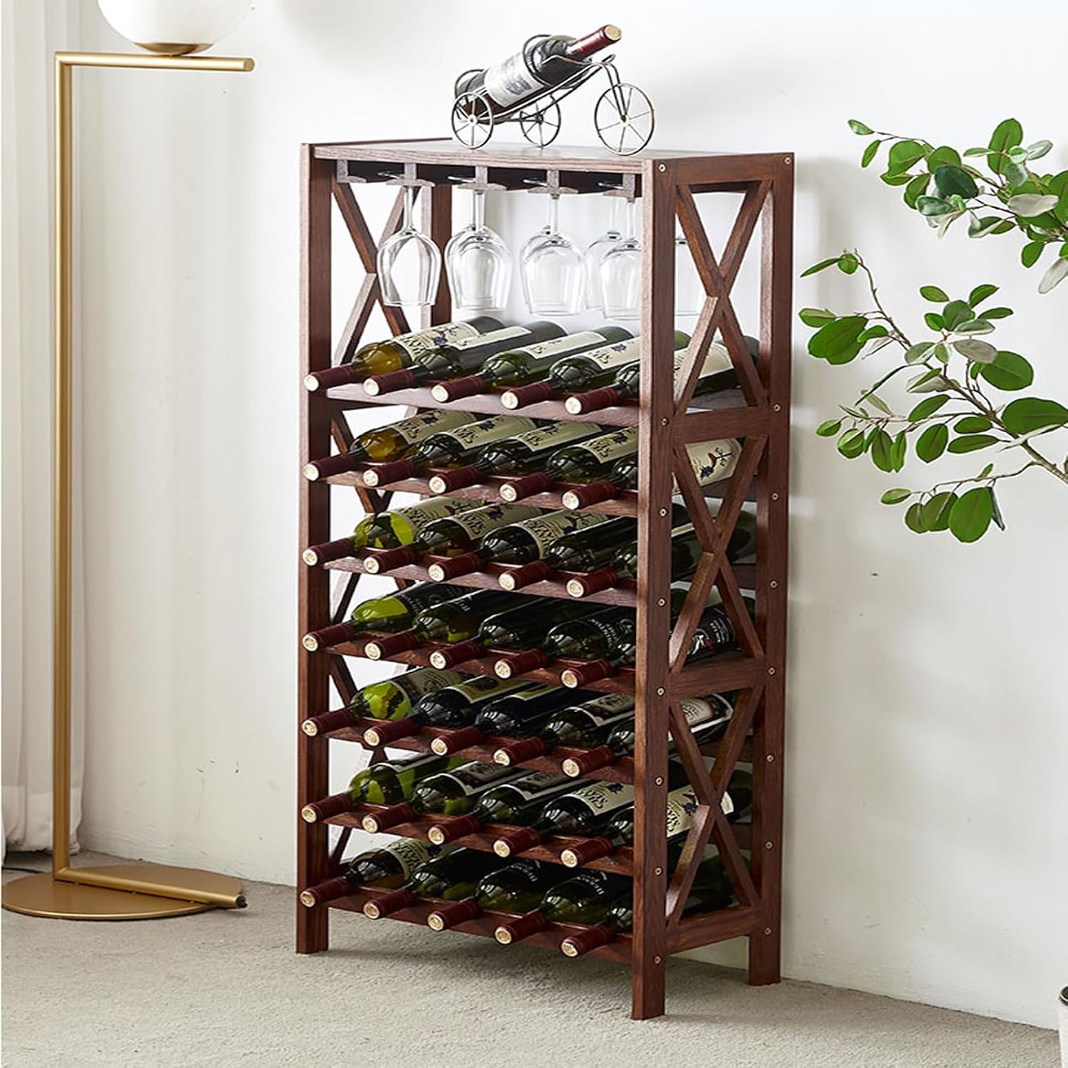 JSWHYBD Oak Wine Rack Freestanding 35 Bottles 12 Glasses