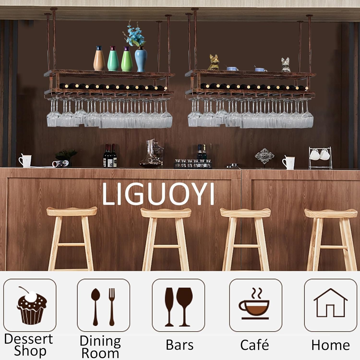 LIGUOYI Hanging Wine Glass Rack Adjustable 3-Layer Metal Organizer