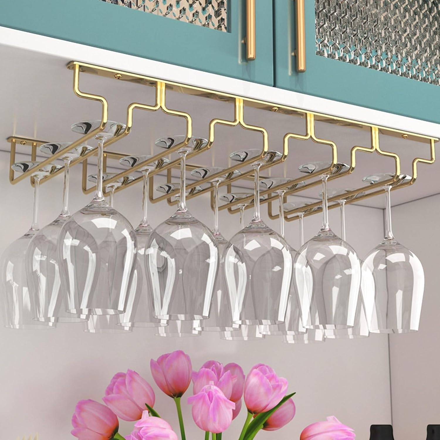 SAGIDAR Stainless Steel Wine Glass Organizer Under Cabinet Stemware Rack