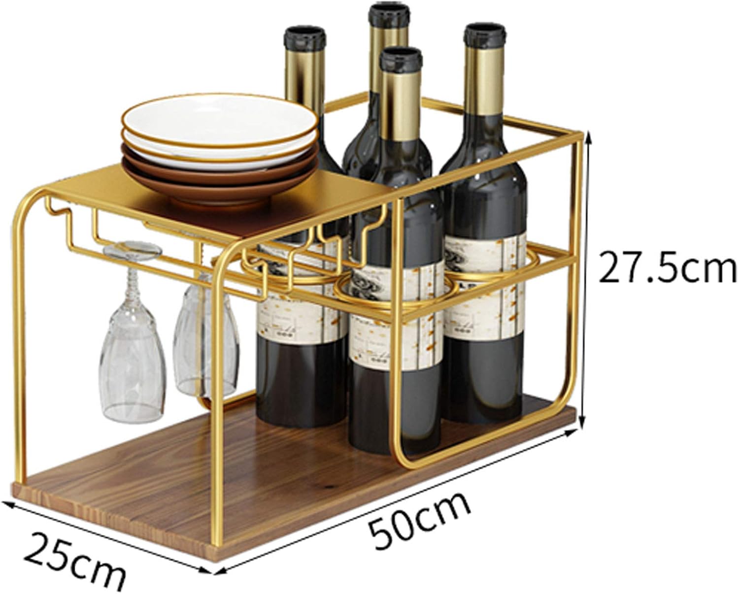 BOCbco Gold Freestanding Wine Rack with 4 Bottles and 4 Glasses