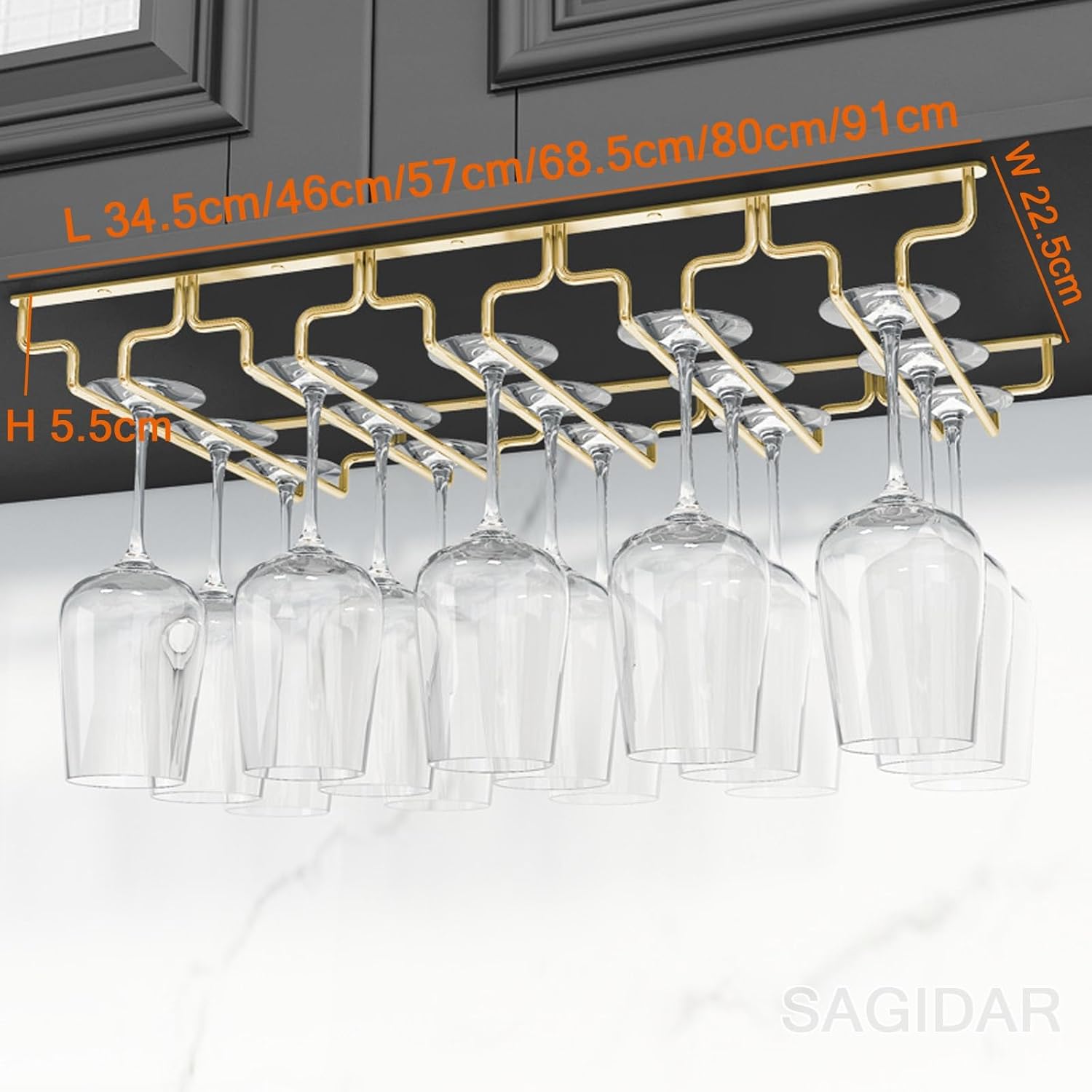 SAGIDAR Stainless Steel Wine Glass Holder Under Cabinet Rack 345cm-91cm