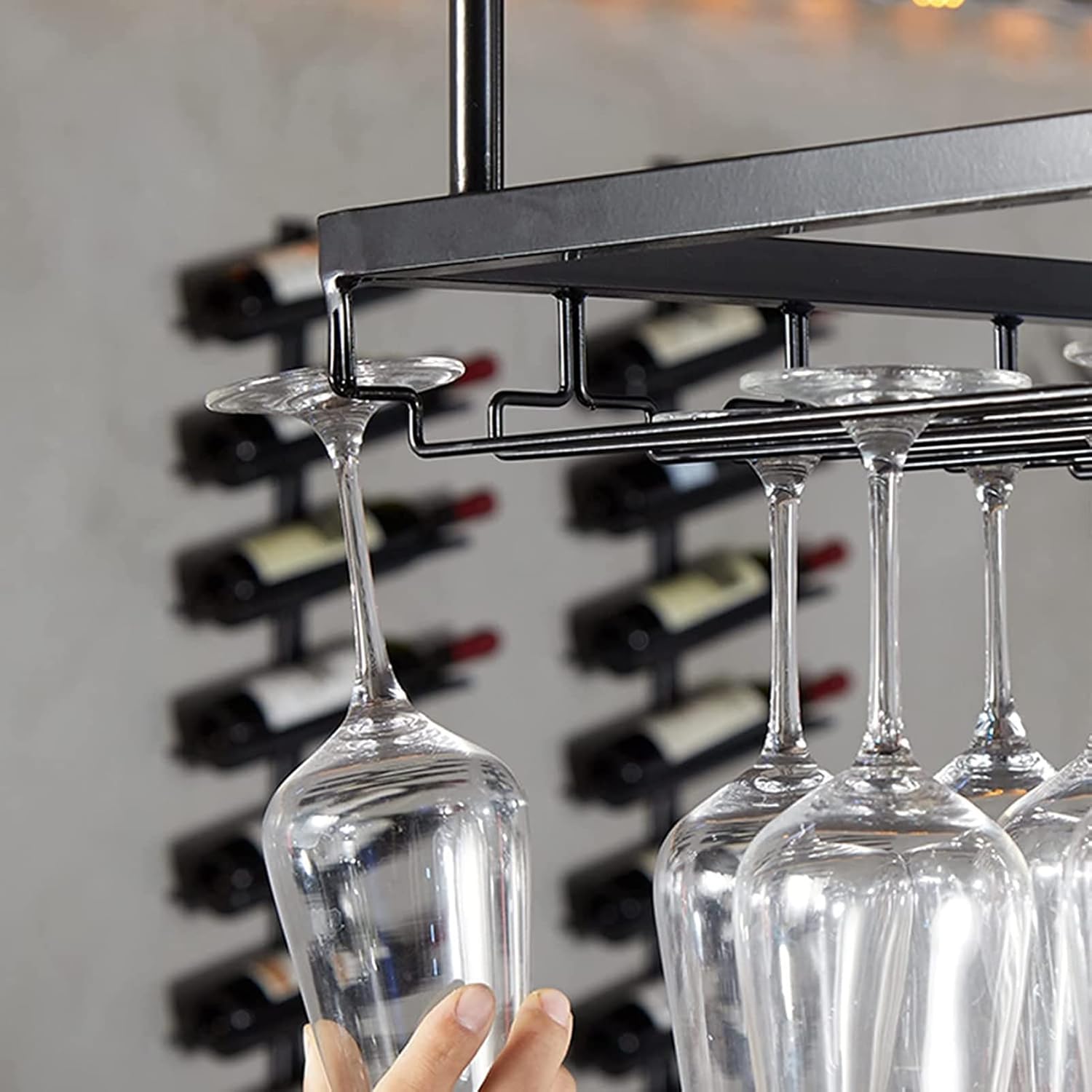 Adjustable Wall-Mounted Wine Glass Rack 118-236In Black Metal Ceiling Holder