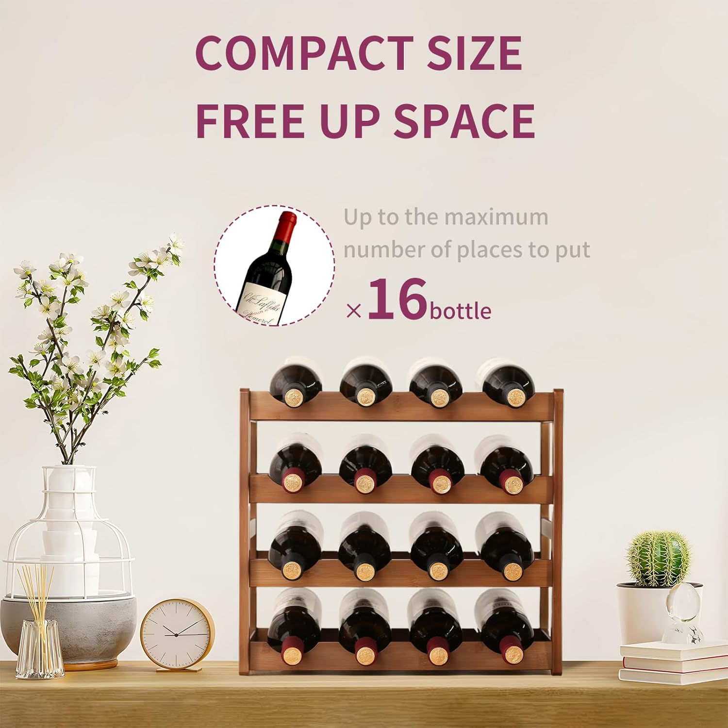 WUTALOTAT Bamboo Wine Rack 4-Tier 16 Bottles Freestanding