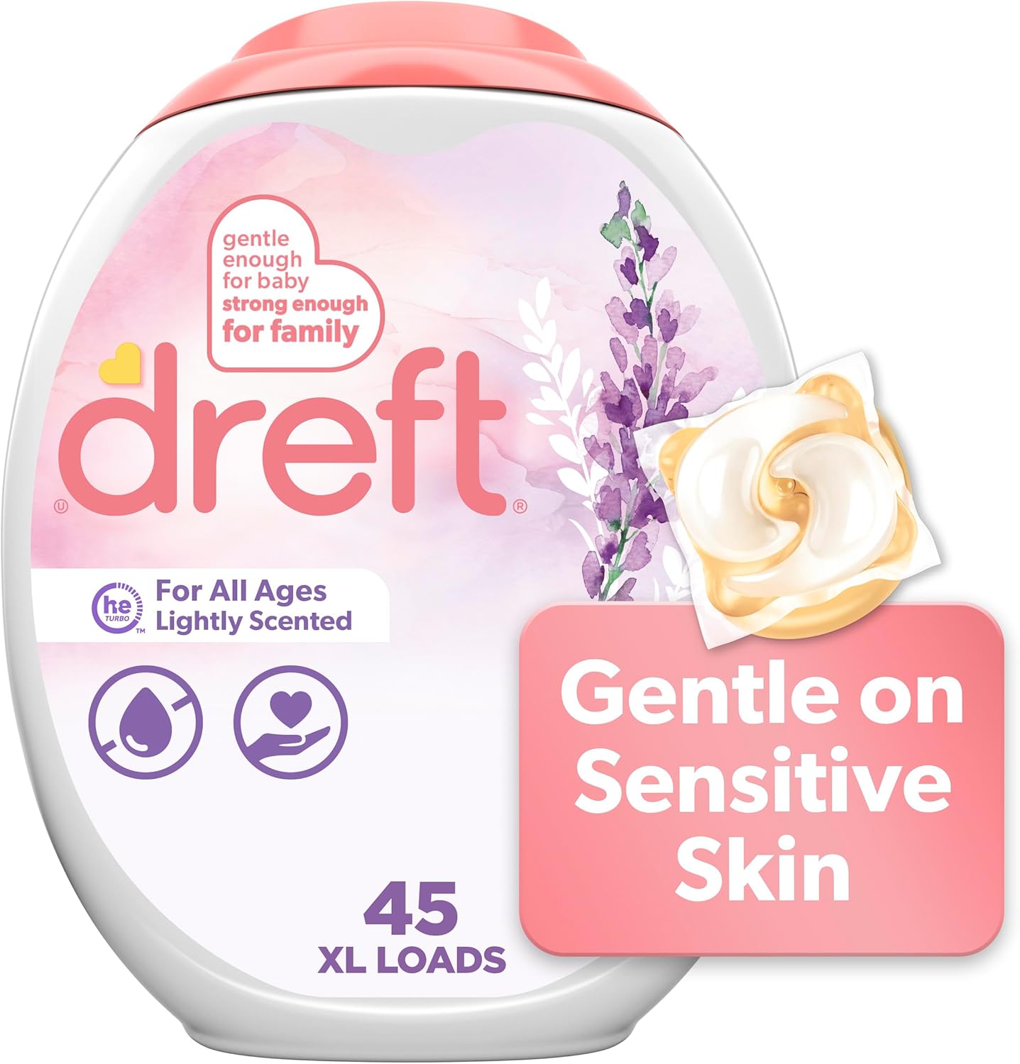 Dreft Detergent Pacs Light Scented Lavender HE 45 Count