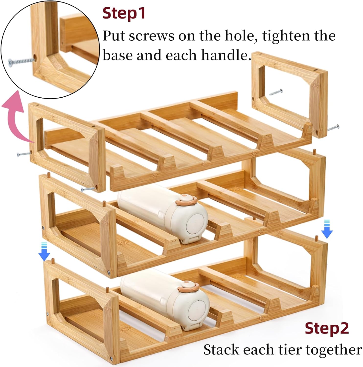 3 Tier Bamboo Water Bottle Organizer for Kitchen Cabinet