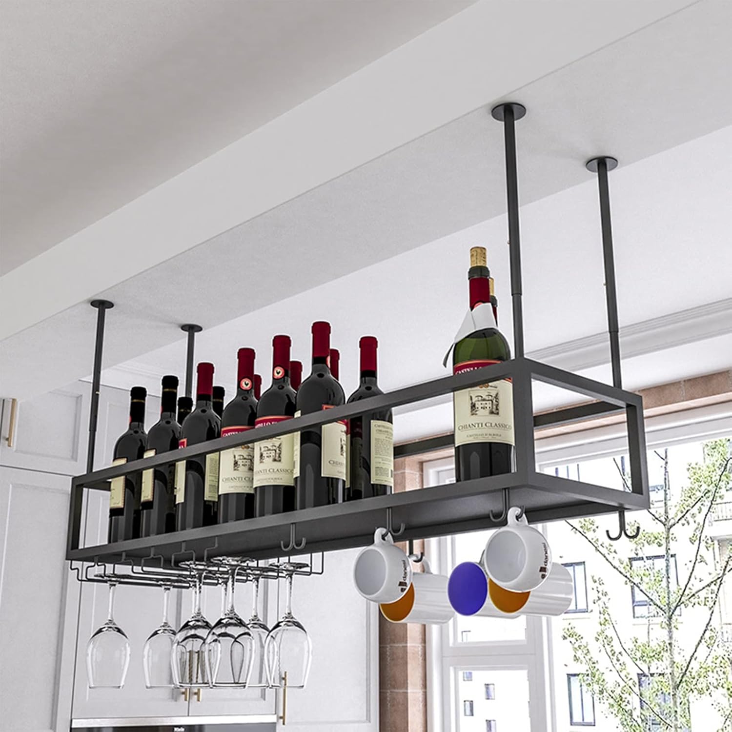 Wrought Iron Ceiling Wine Rack Holder with Adjustable Height and Width