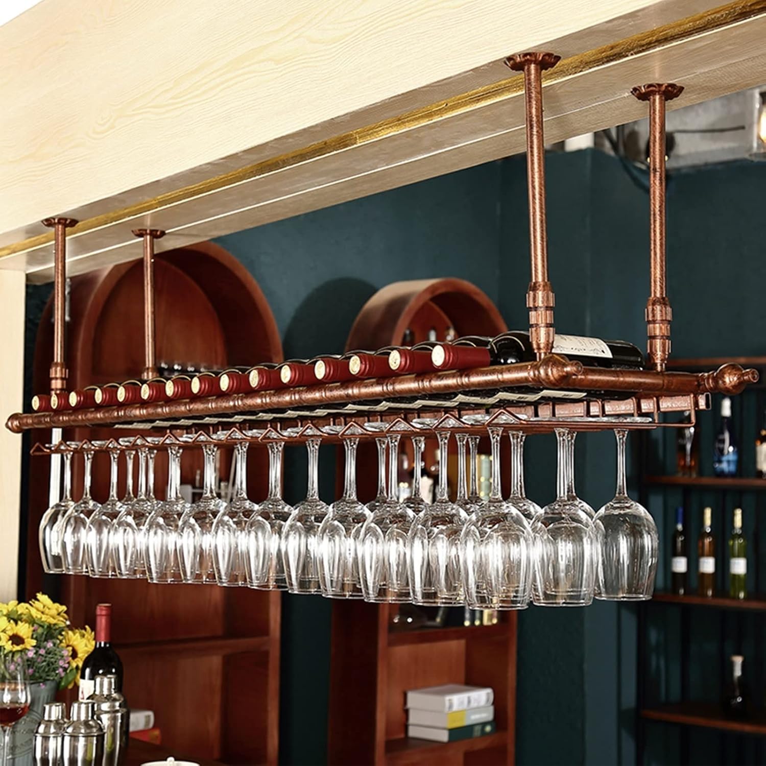 Ceiling Hanging Wine Rack with Glass Holder Black 80x35cm 1