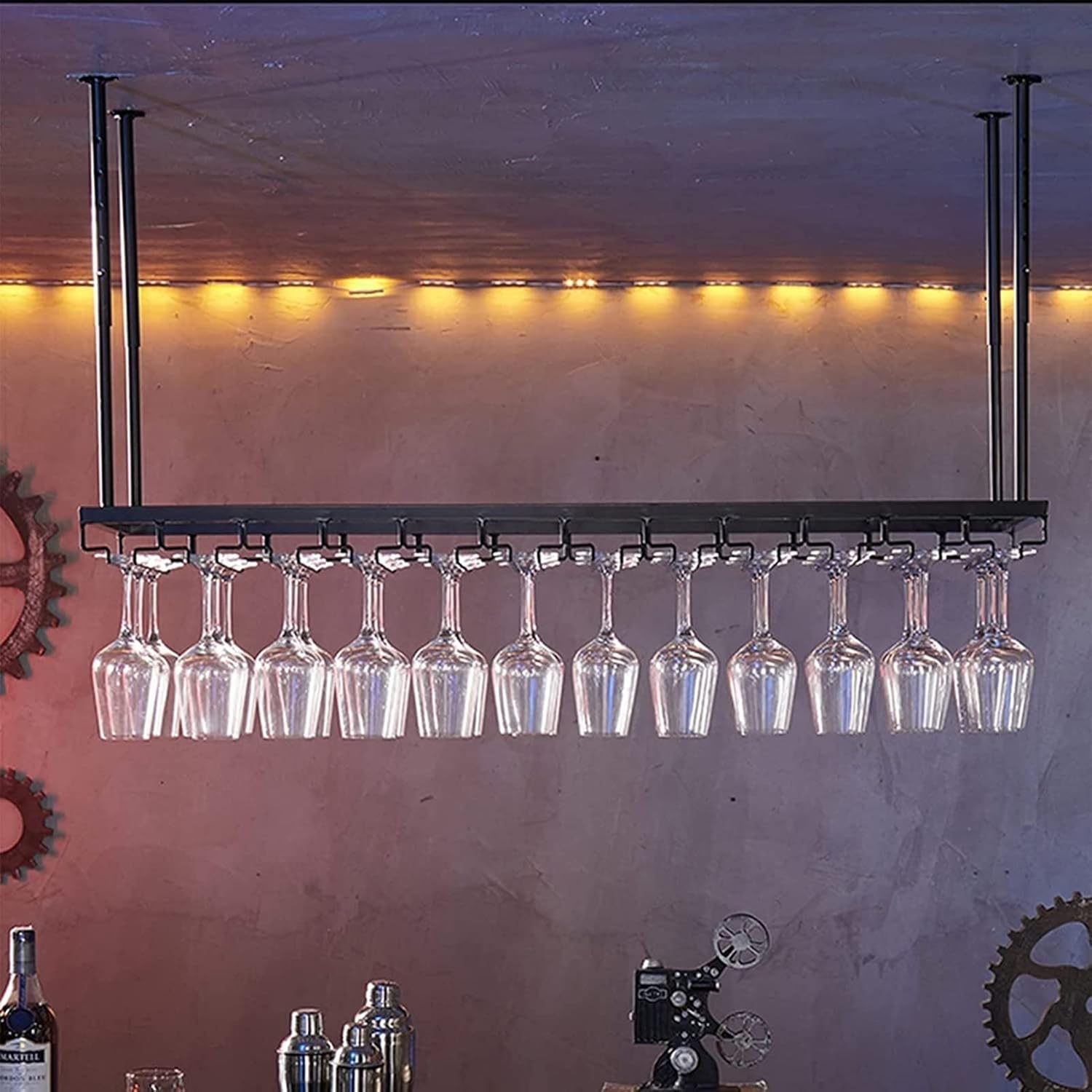 Adjustable Wall-Mounted Wine Glass Rack 118-236In Black Metal Ceiling Holder