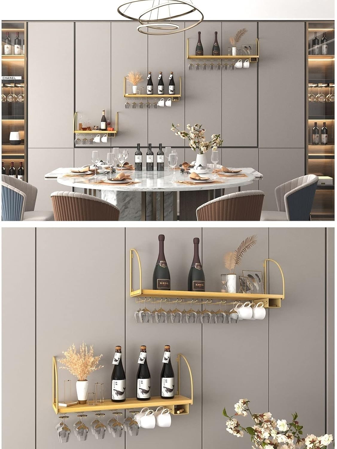 Wall-Mounted Wine Glass Holder with Solid Wood and Iron