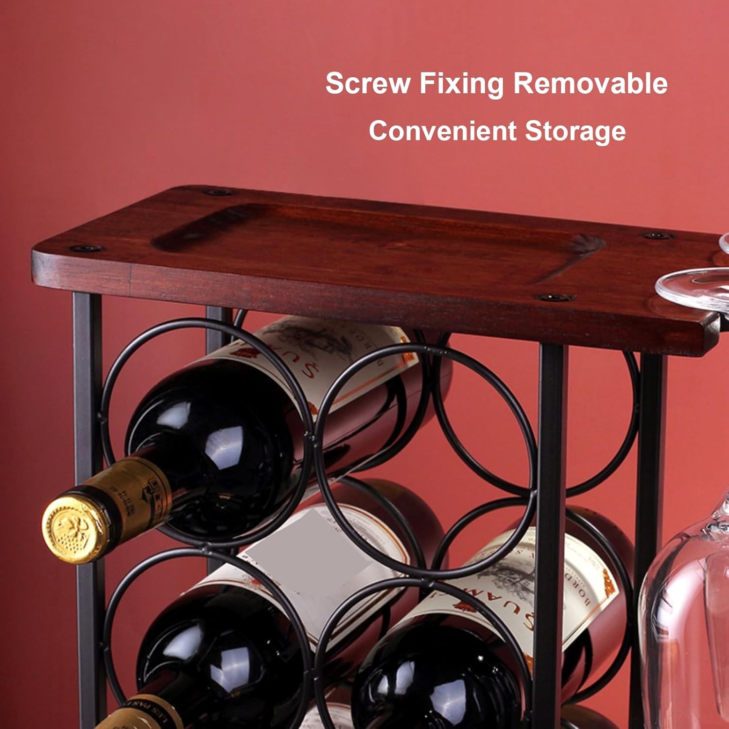 Gold Metal Wine Rack with 6 Bottles and 2 Goblets