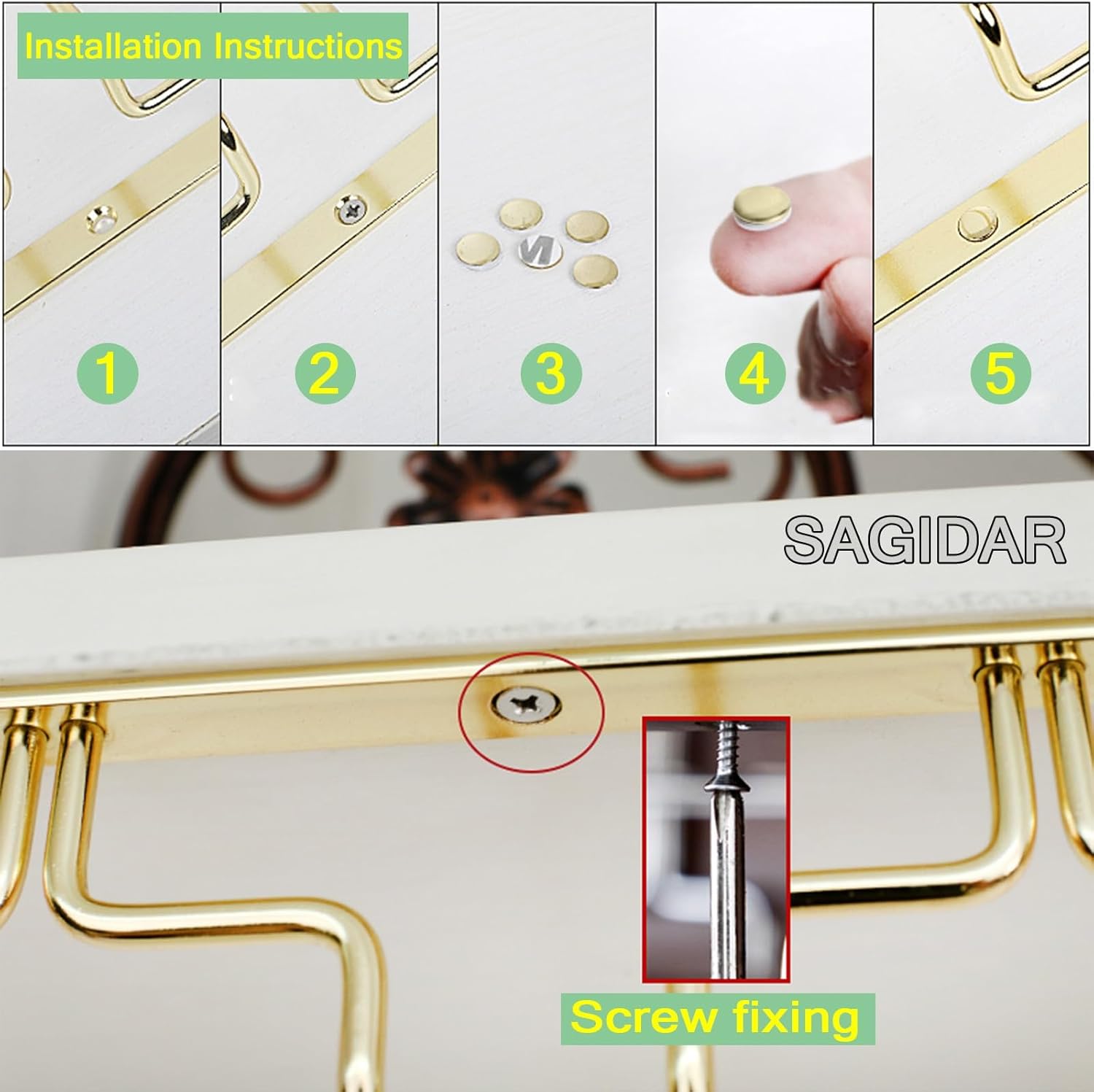 SAGIDAR Wine Glass Holder Under Cabinet Gold