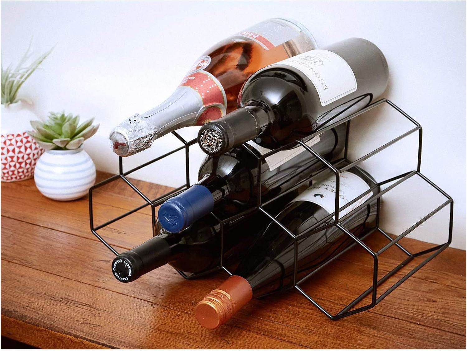 BOCbco Metal Wine Rack - Freestanding 9 Bottle Holder with Geometric Design Black
