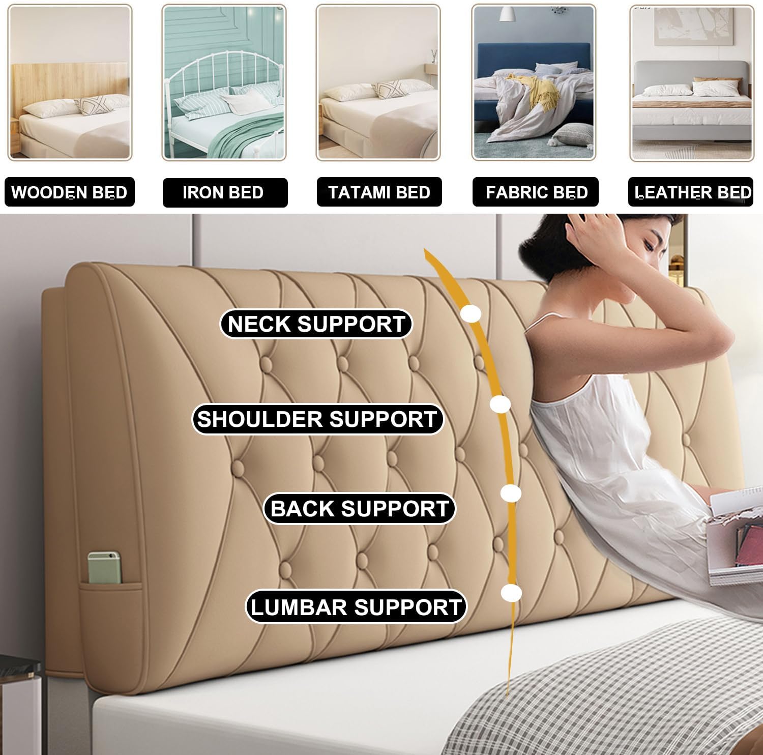 ZZYK Bedside Cushion with Khaki Faux Leather and Straps