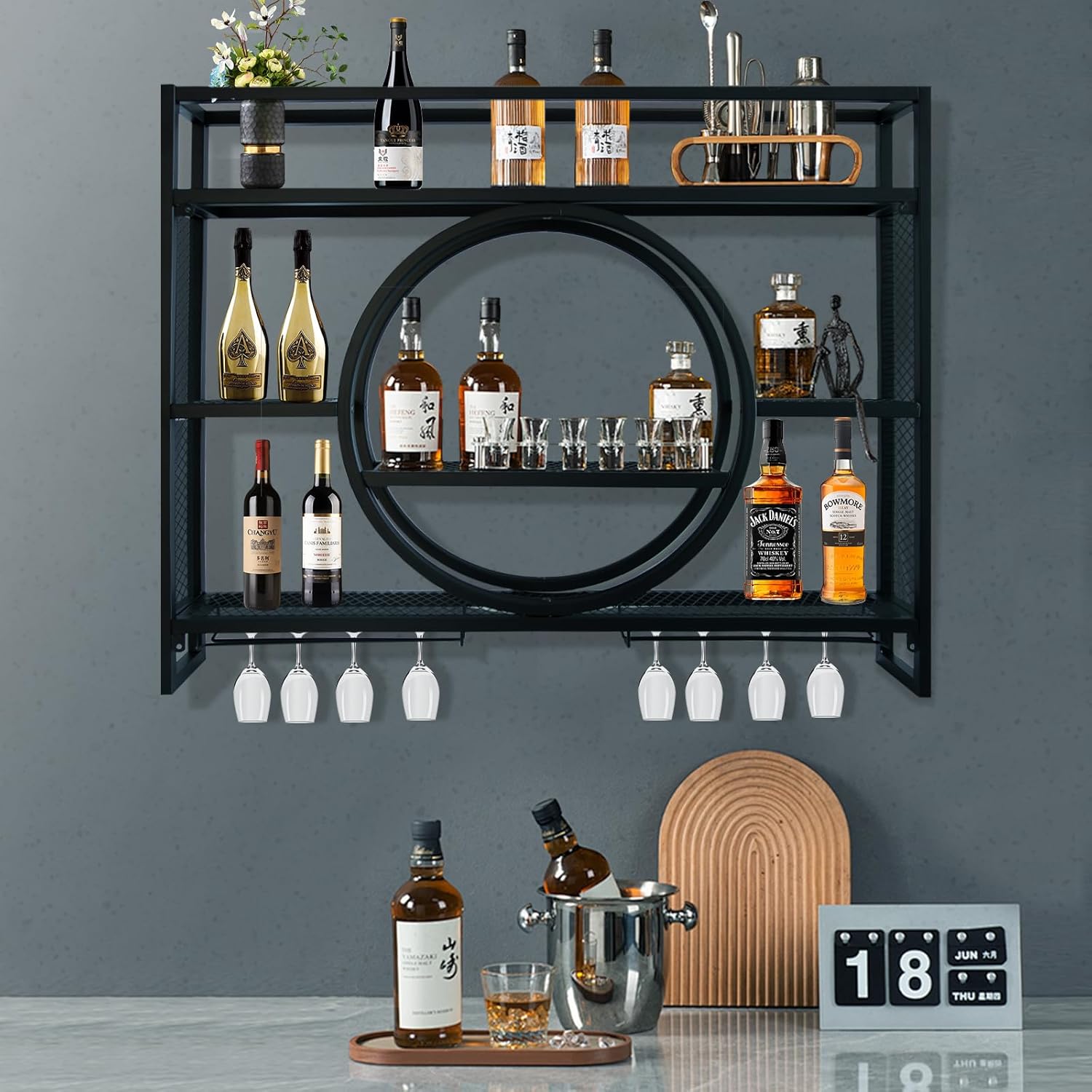 Bakufu 3 Tier Wall-Mounted Wine Rack with Stemware Holder 1