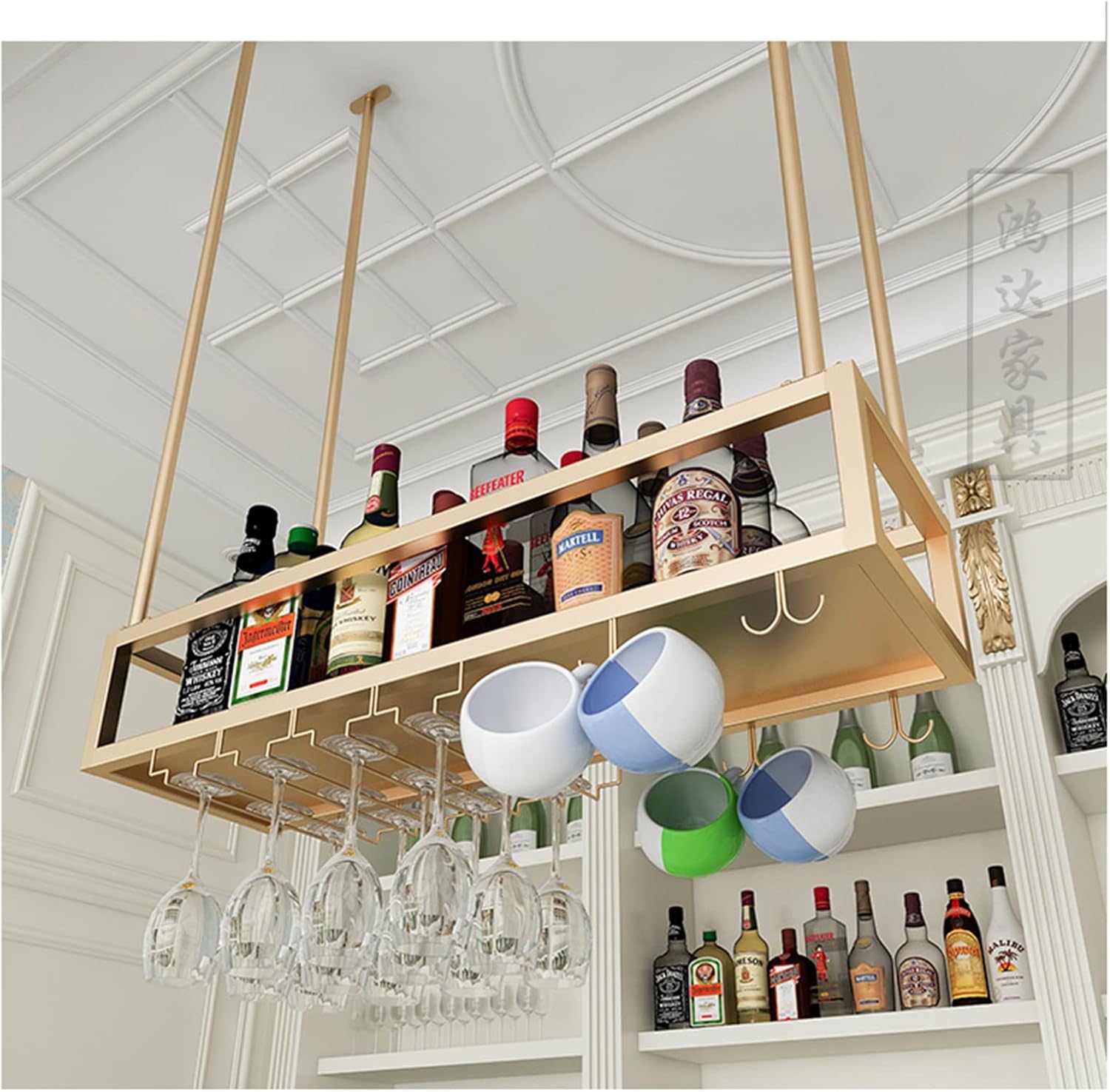 Suuim Gold Ceiling Wine Rack with Flower Holder