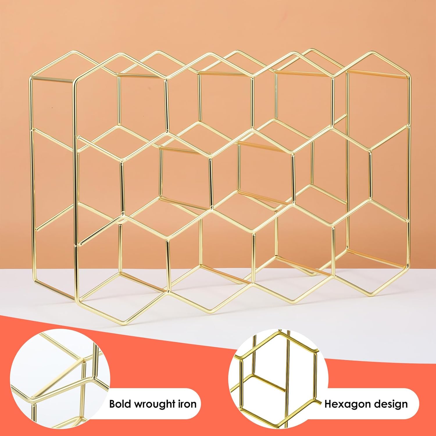 Pafeooui 14-Bottle Tabletop Wine Rack - Modern Gold Holder Stand