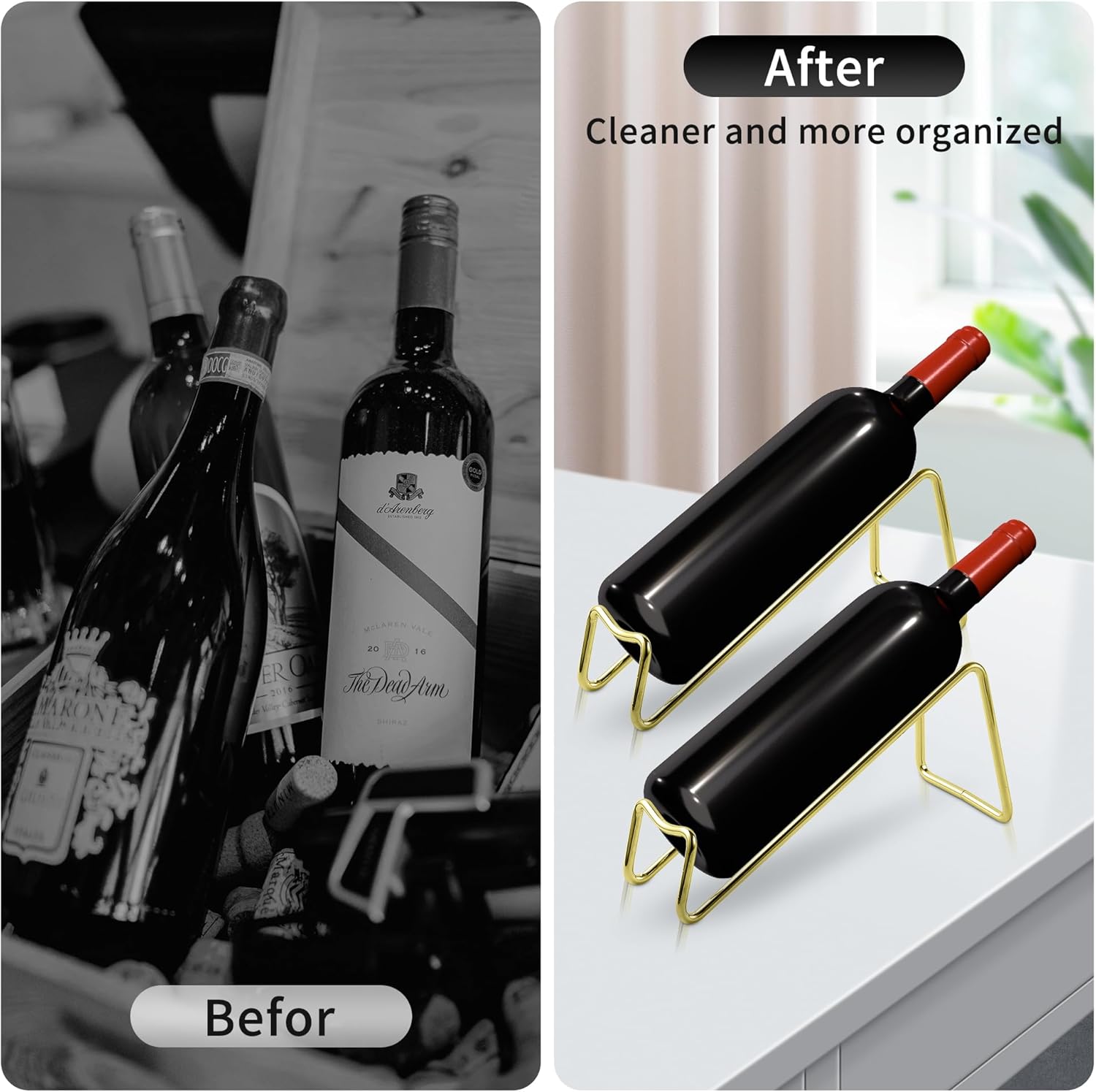 TONLEA 2Pcs Tabletop Wine Rack Metal Wine Bottle Holder Gold