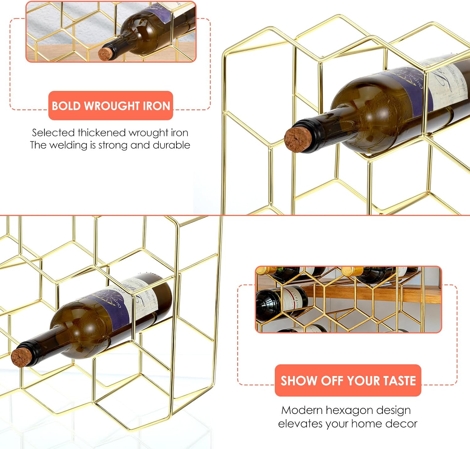 Pafeooui 14-Bottle Tabletop Wine Rack - Modern Gold Holder Stand