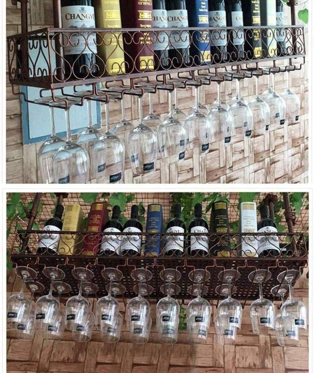 Adjustable Iron Wall-Mounted Wine Rack with Glass Holder