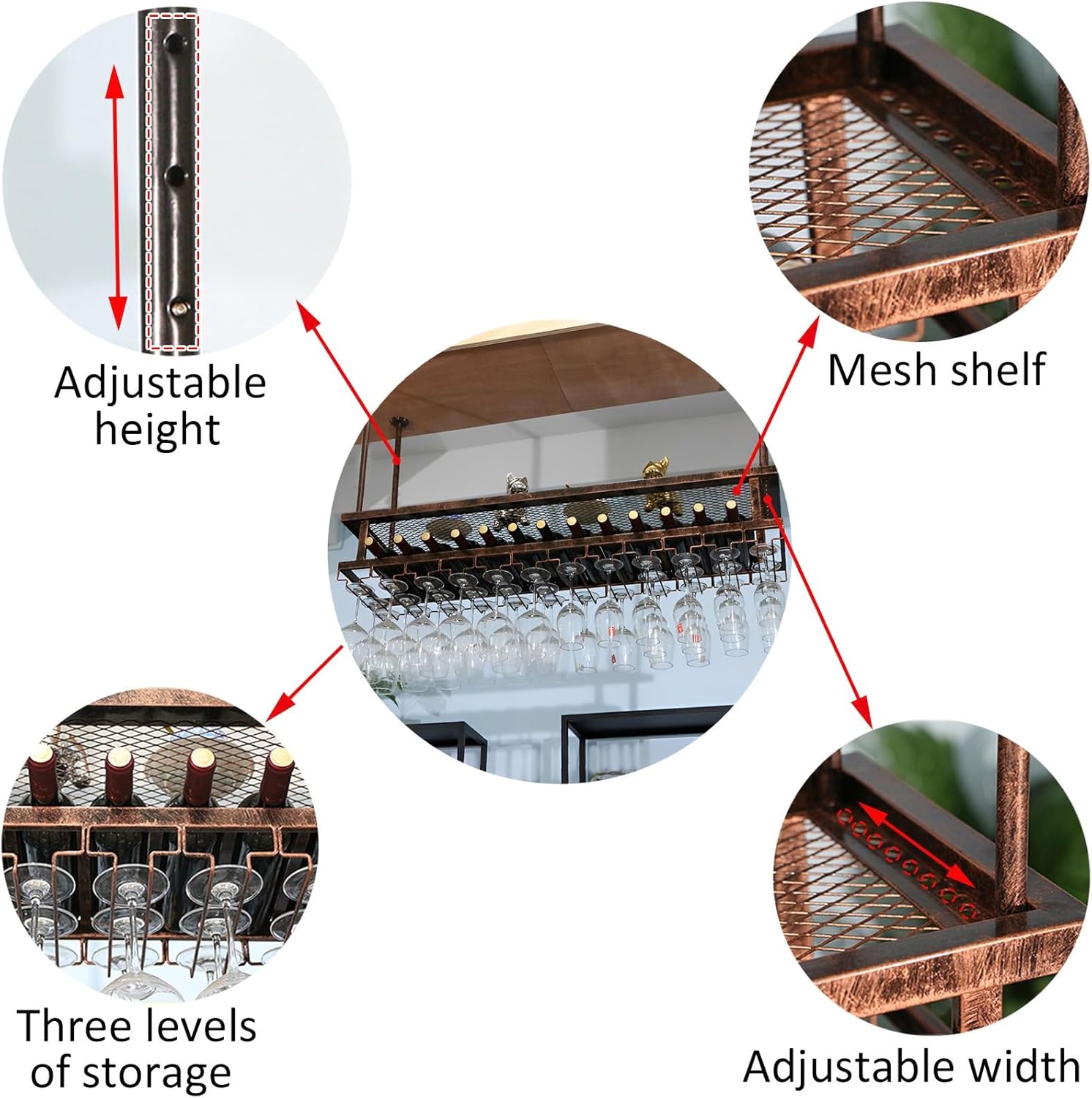 LIGUOYI Hanging Wine Glass Rack Adjustable 3-Layer Metal Organizer