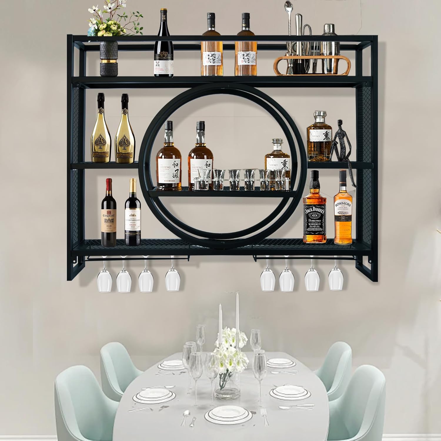 Bakufu 3 Tier Wall-Mounted Wine Rack with Stemware Holder 1