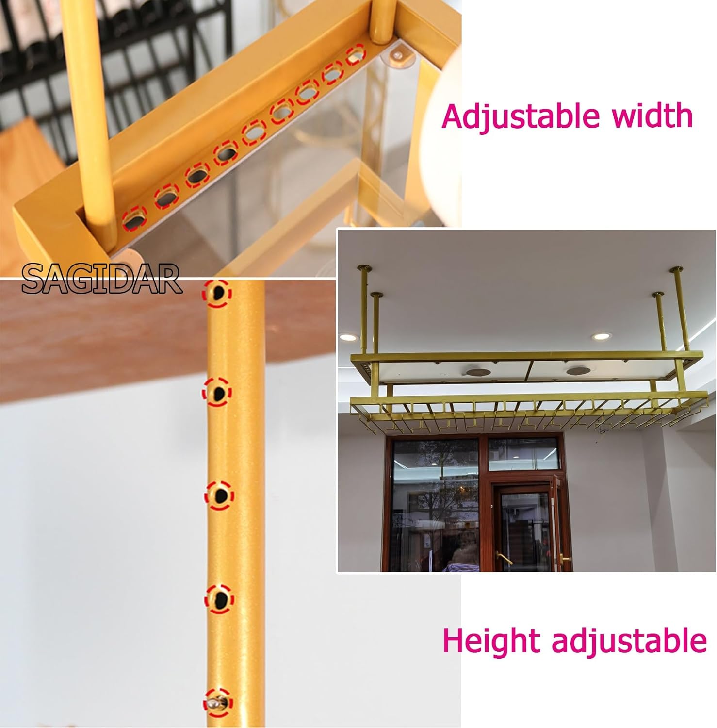 SAGIDAR Ceiling Wine Rack Adjustable 3-Tier Metal Holder