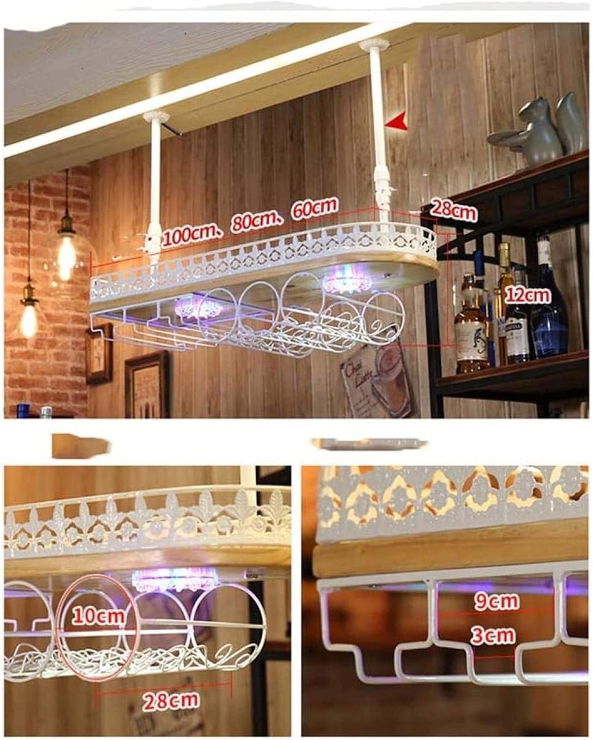 Ceiling Hanging Wine Rack with Glass Holder Shelf