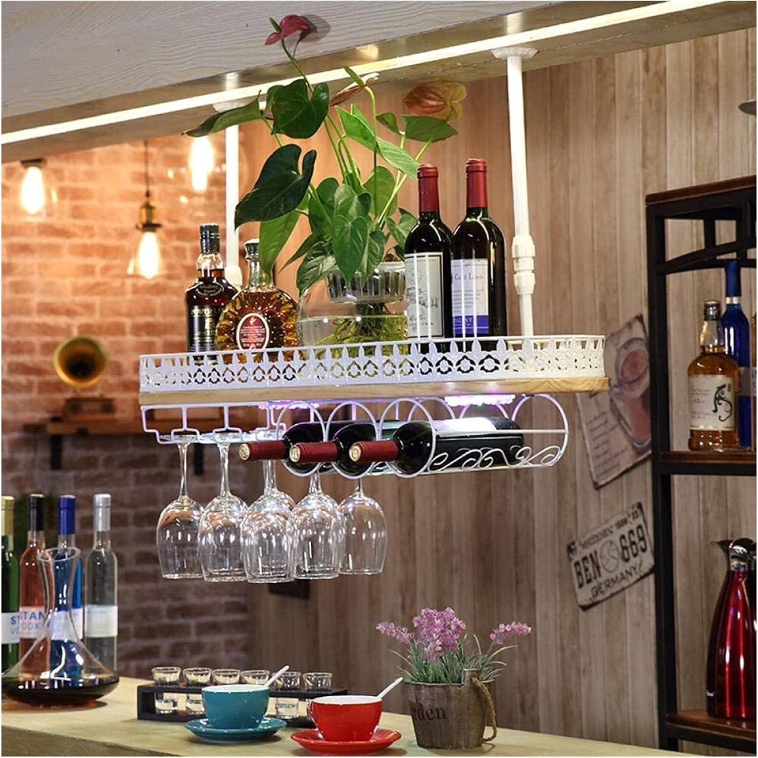 Ceiling Hanging Wine Rack with Glass Holder Shelf