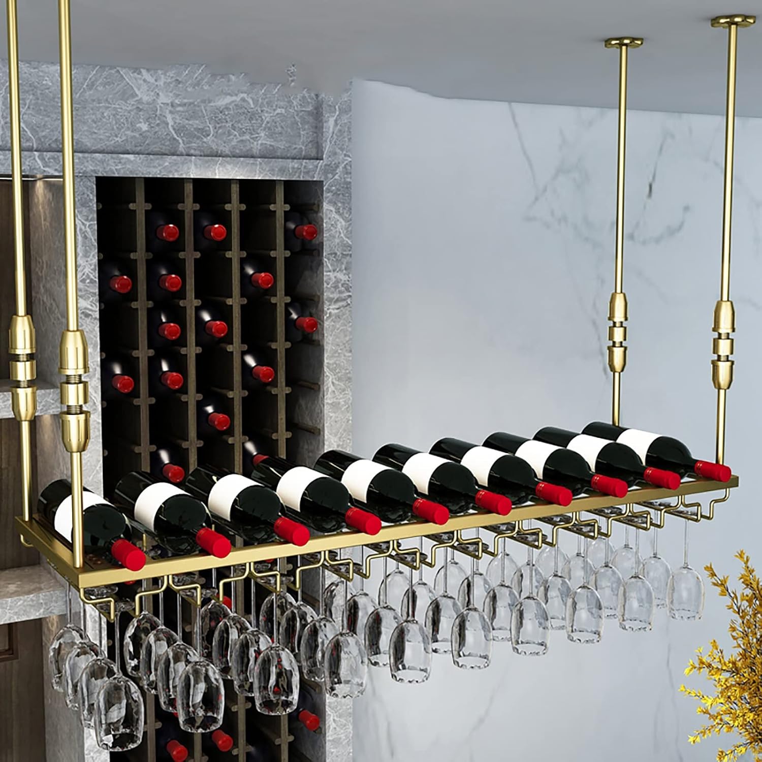 Adjustable Iron Wine Bottle Holder with Telescopic Rod for Ceiling Mount