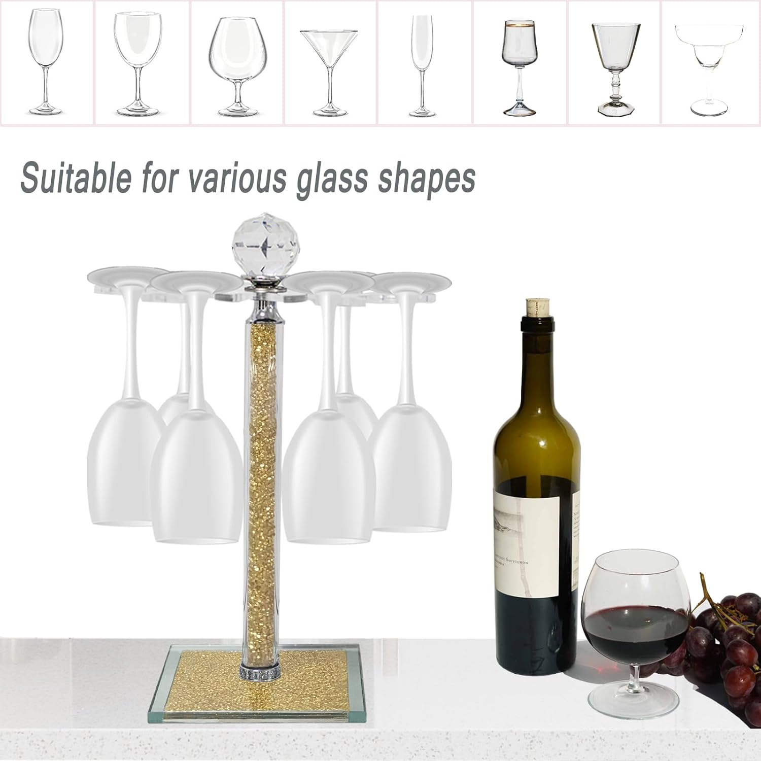 HMRCYTE Crystal Wine Glass Holder 6 Hook Gold
