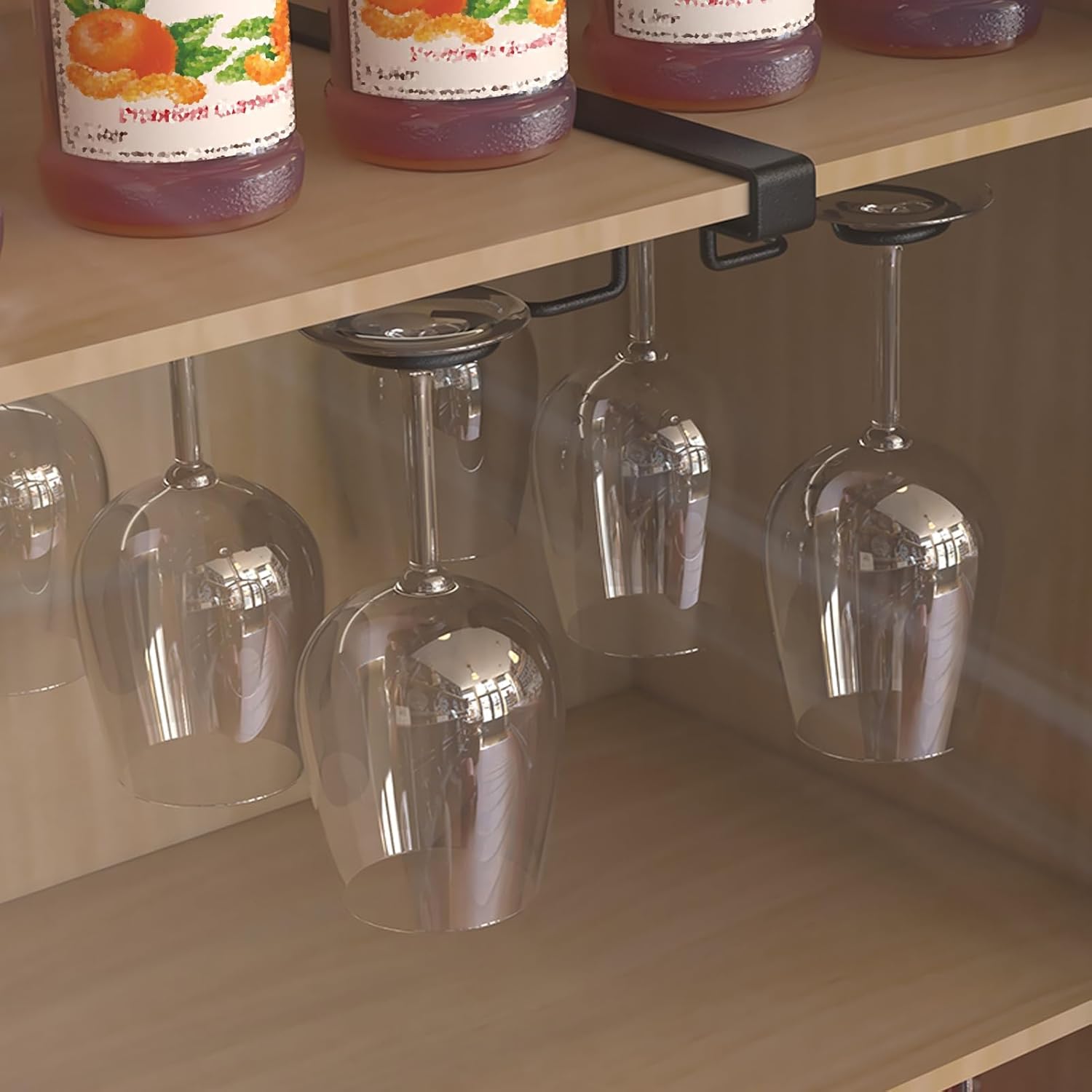 Wine Glass Holder Under Shelf Black Metal 6 Hooks