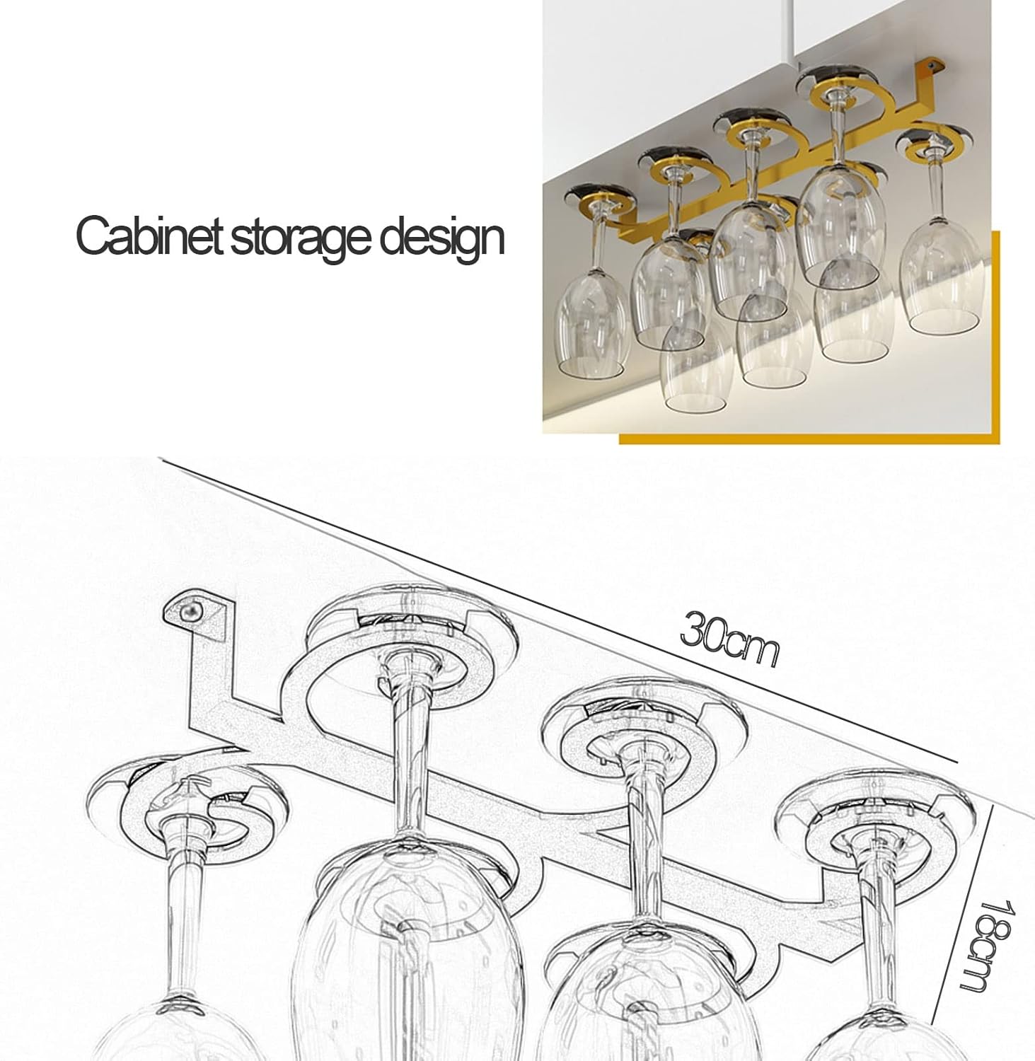 Elegant Gold Wine Glass Hanger Under Cabinet with 6 Slots