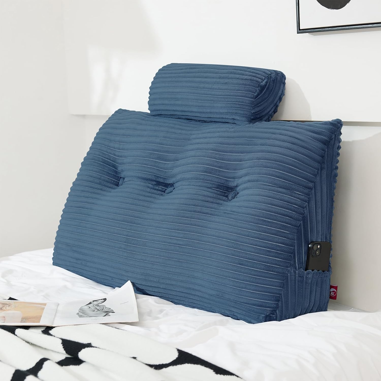 Soft Supportive Headboard Pillow with Neck Roll and Removable Cover