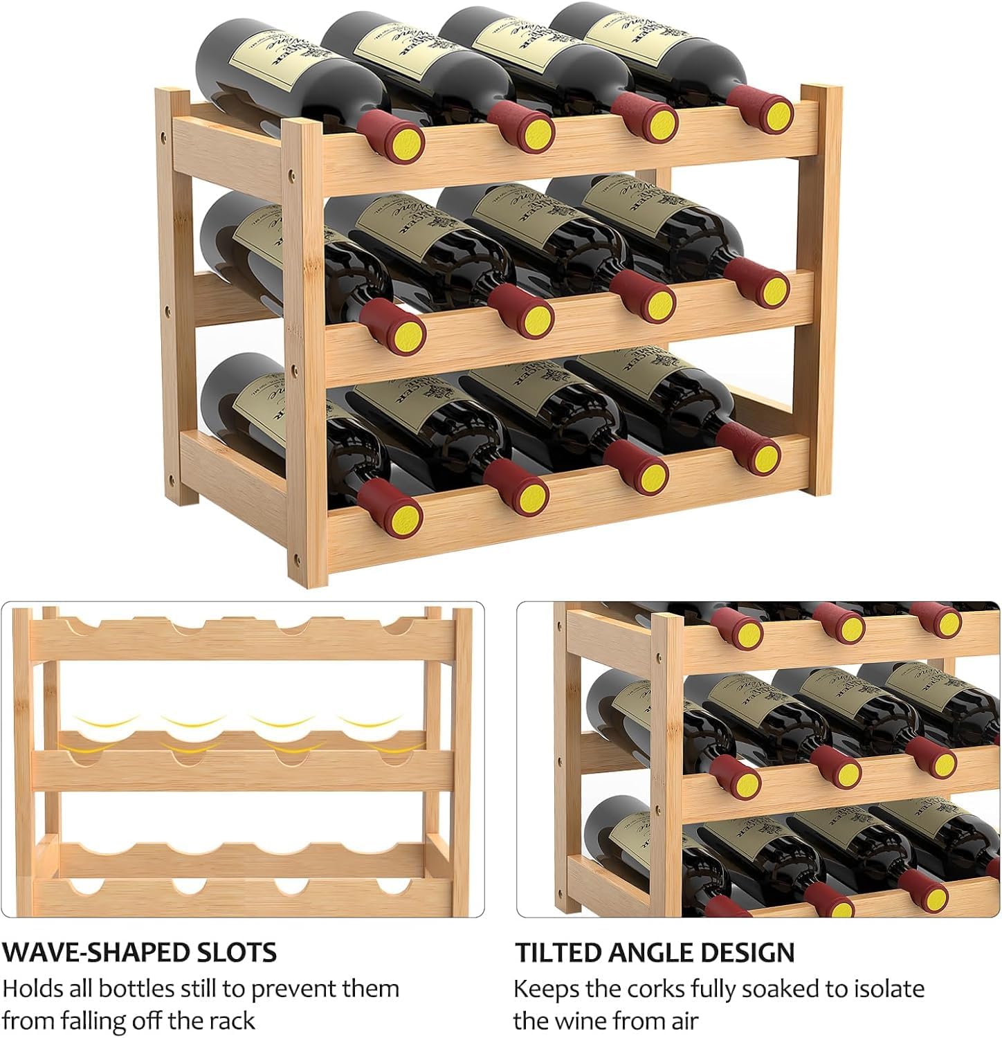 3 Tier Bamboo Wine Rack 12 Bottles Countertop Storage