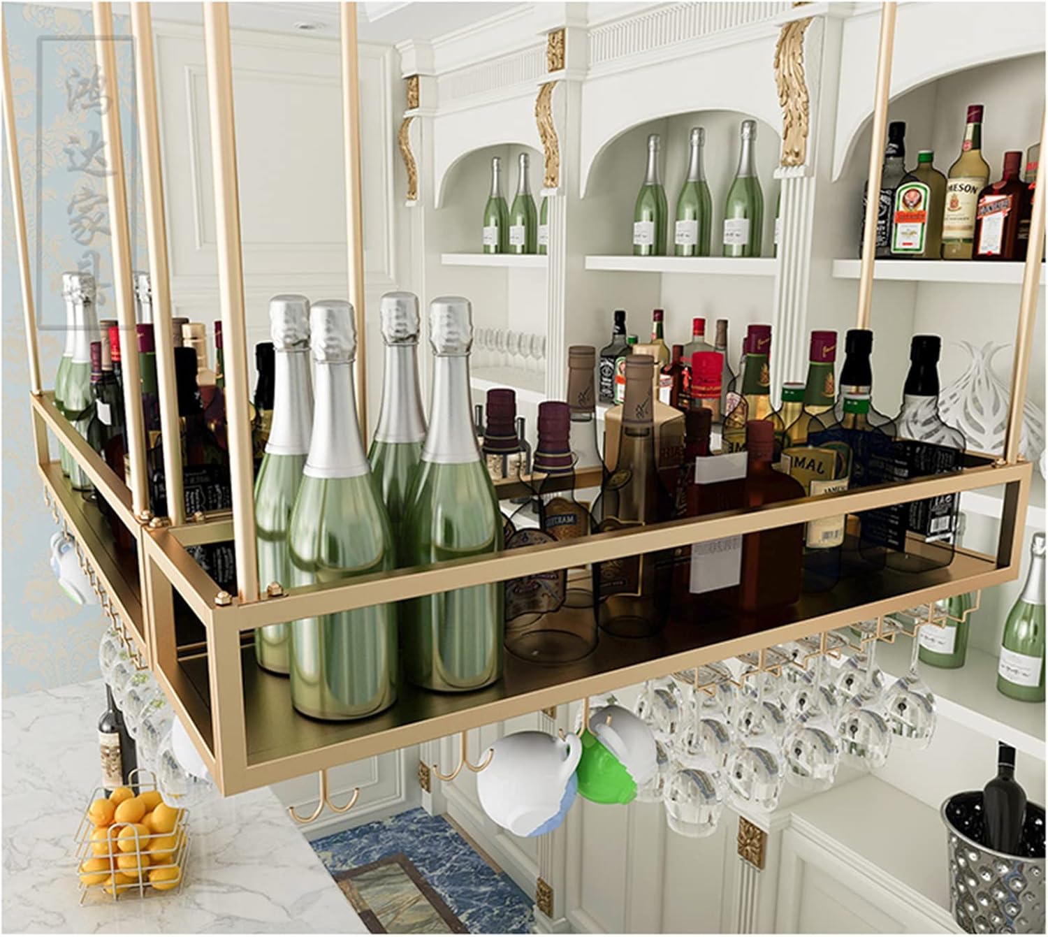 Suuim Gold Ceiling Wine Rack with Flower Holder
