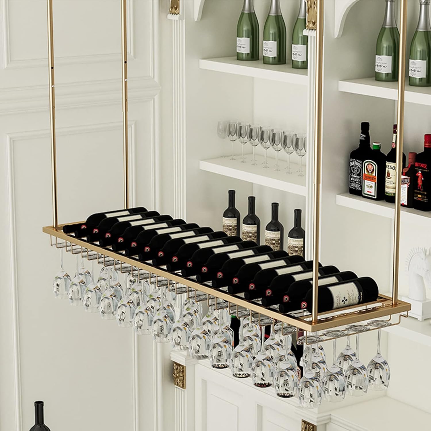 DASHADAO Gold Hanging Wine Glass Rack with Bottle Holder