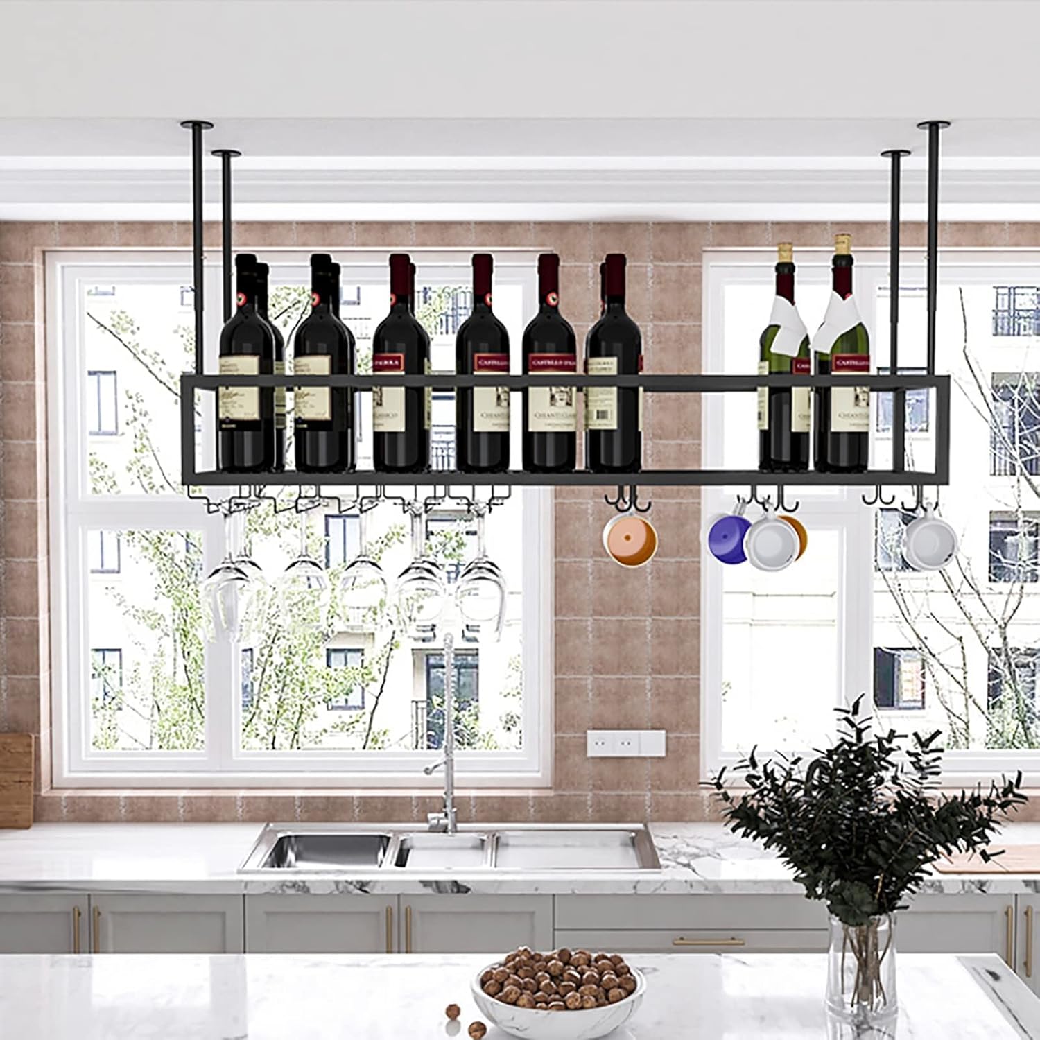 Adjustable Ceiling Wine Glass Rack Iron Frame 120cm
