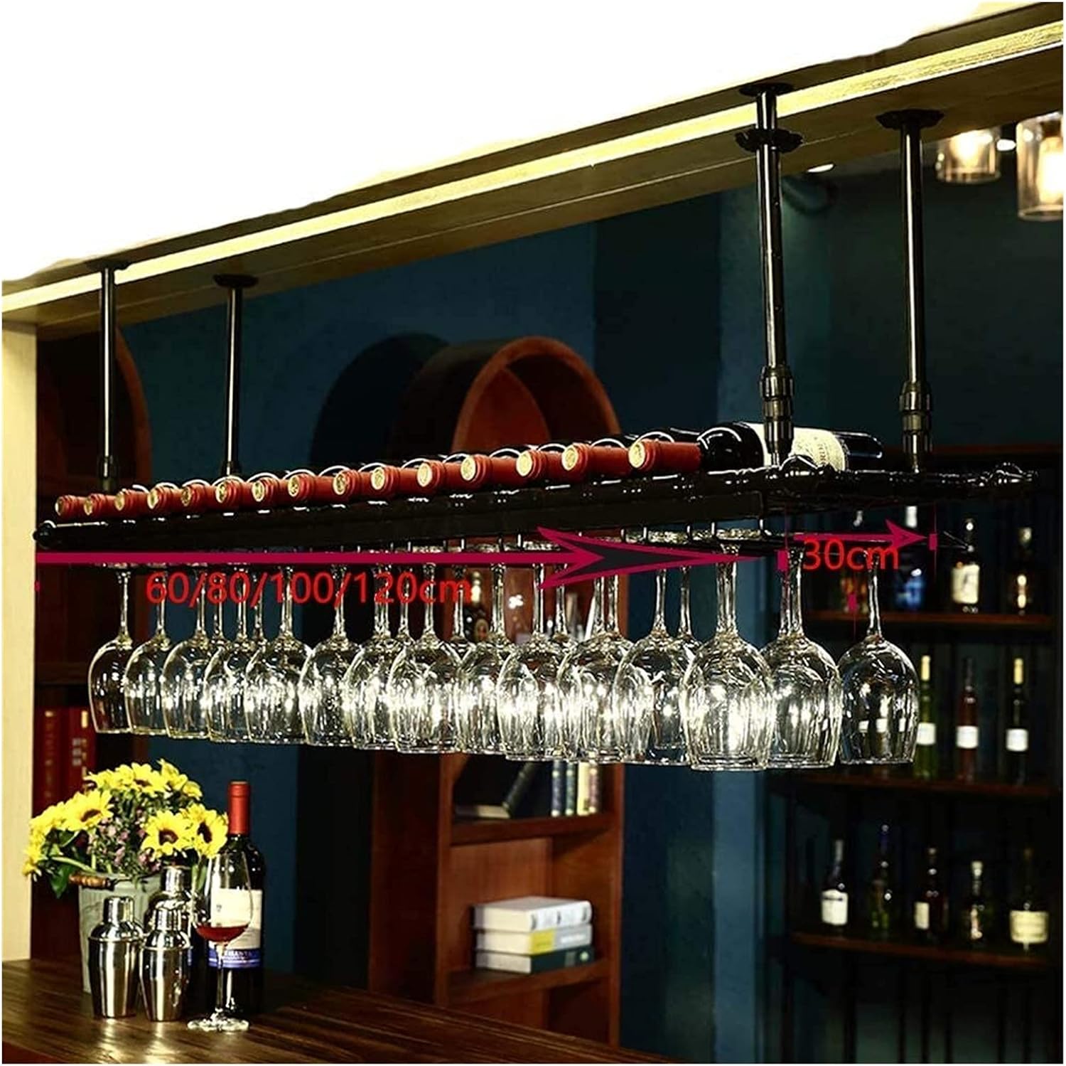 Hanging Wine Rack with Glass Holder and Shelf - 100cm30cm Bronze