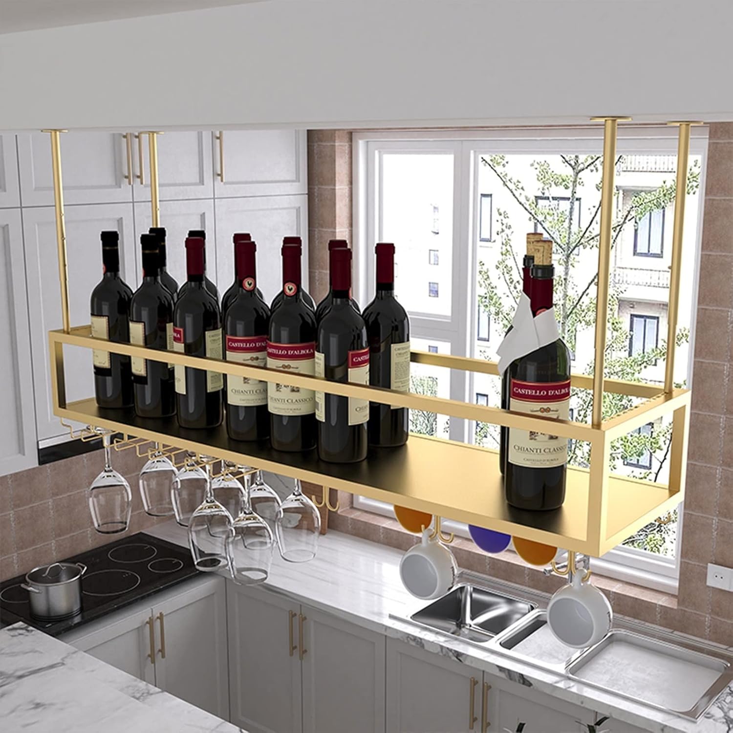 Suuim Gold Wine Glass Rack Ceiling Holder for Kitchen and Bar