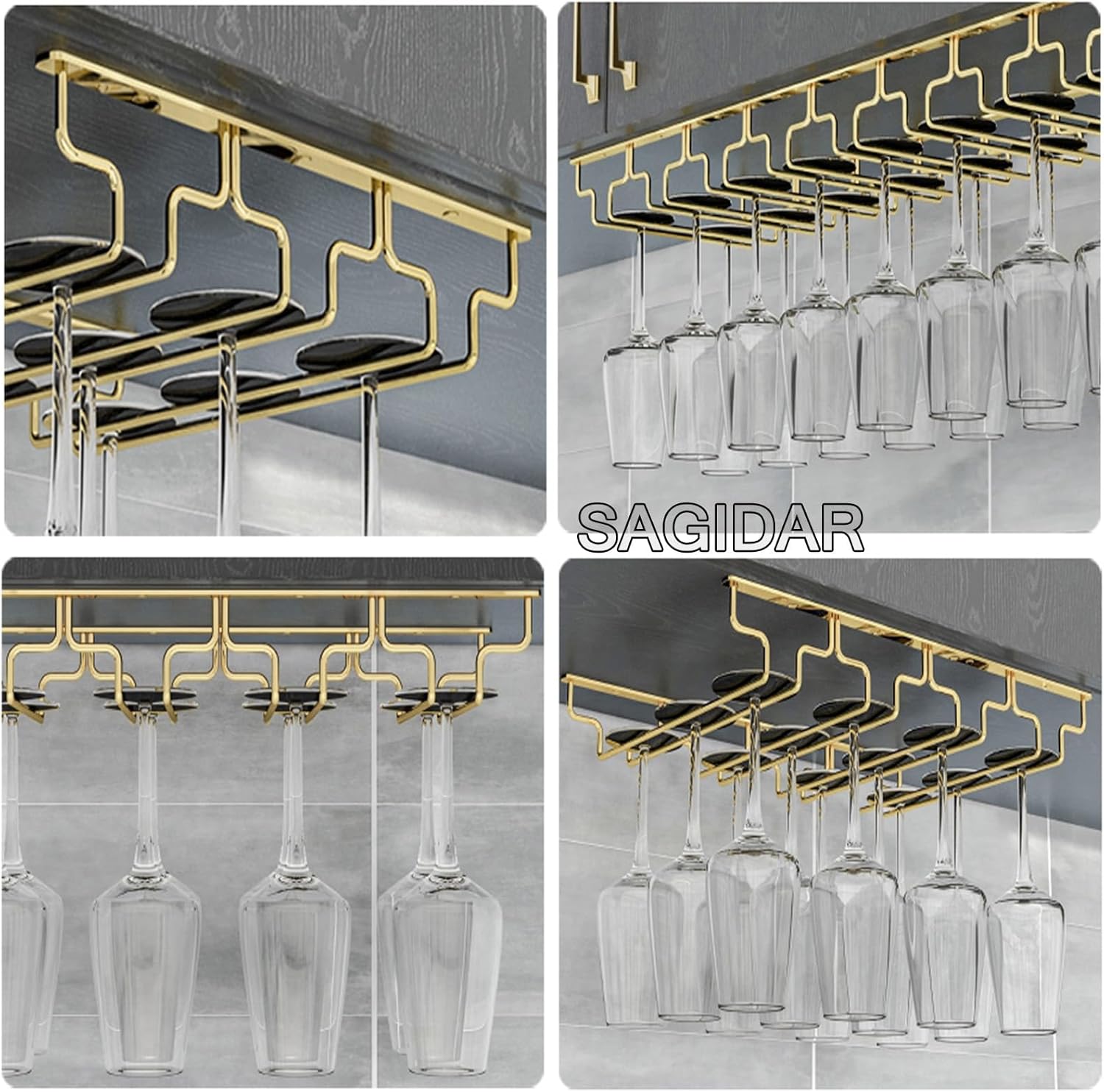 SAGIDAR Stainless Steel Wine Glass Holder Under Cabinet Rack 345cm-91cm