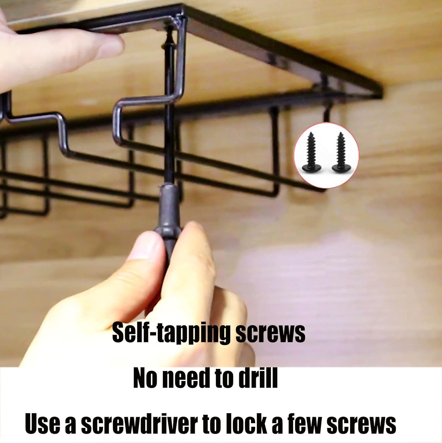 WORDFUN Wine Glass Rack Under Shelf 8 Rows Black Metal