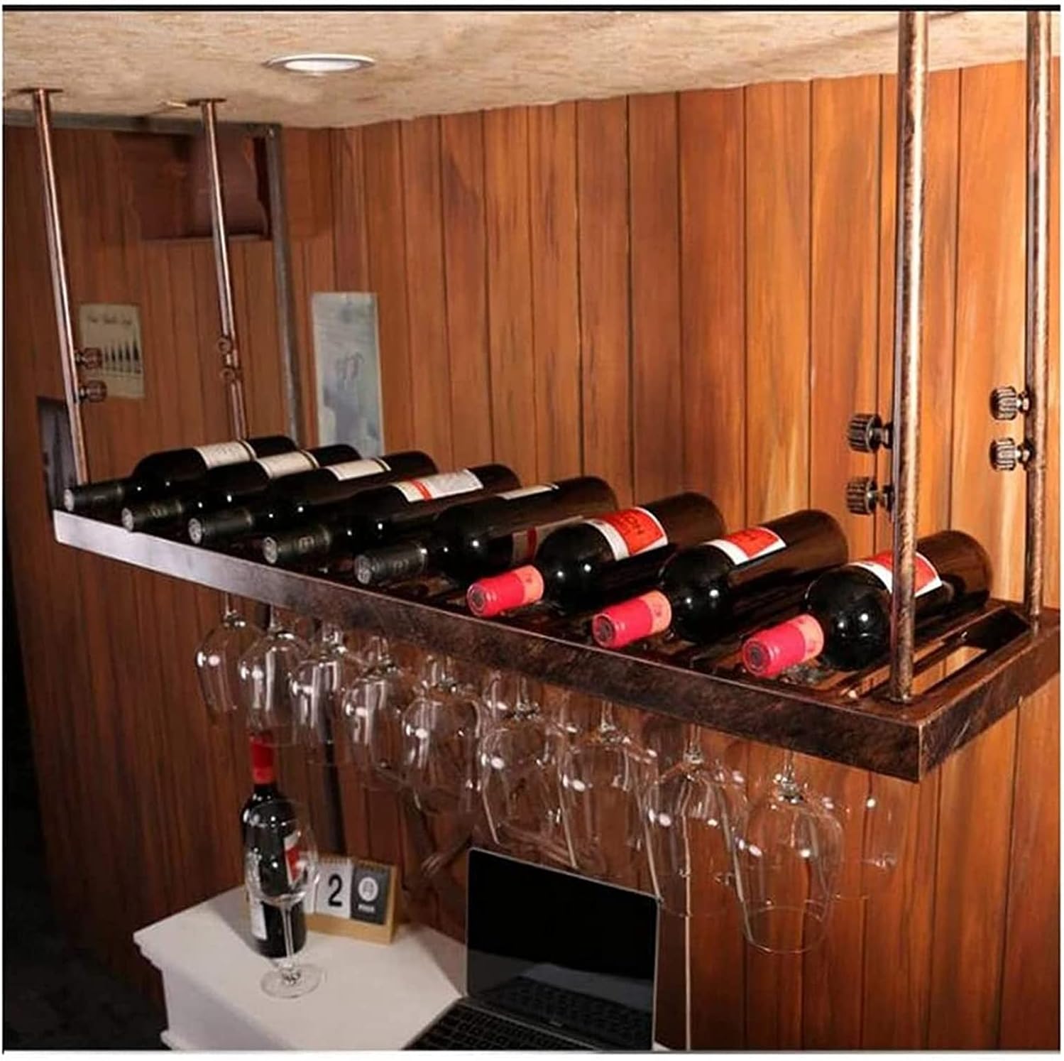 Ceiling Hanging Wine Rack with Glass Holder Shelf Tall and Space-Saving Design