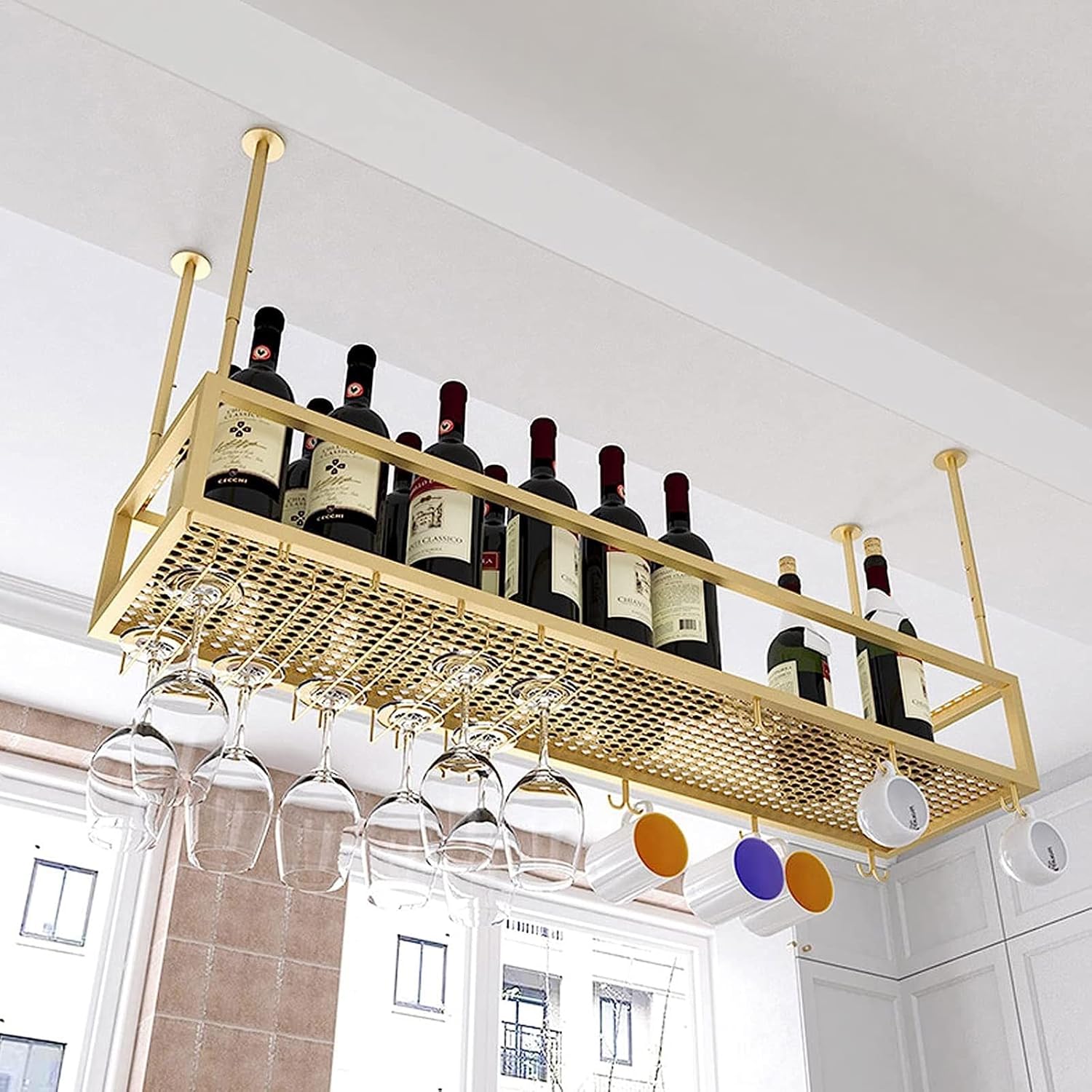 Ceiling Wine Glass Rack - Iron Holder Height Adjustable Durable Modern Design