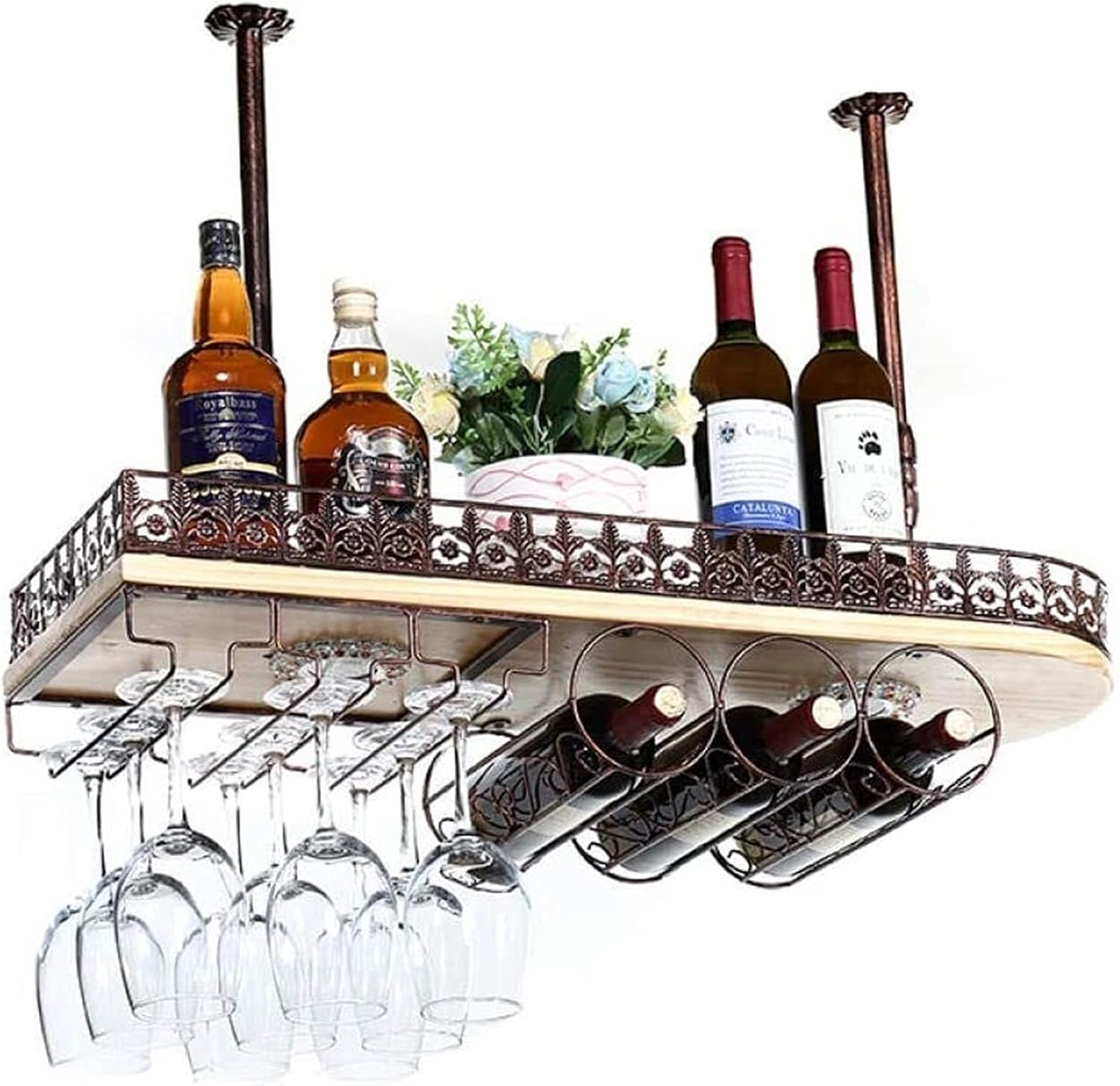 Ceiling Hanging Wine Rack with Glass Holder Shelf