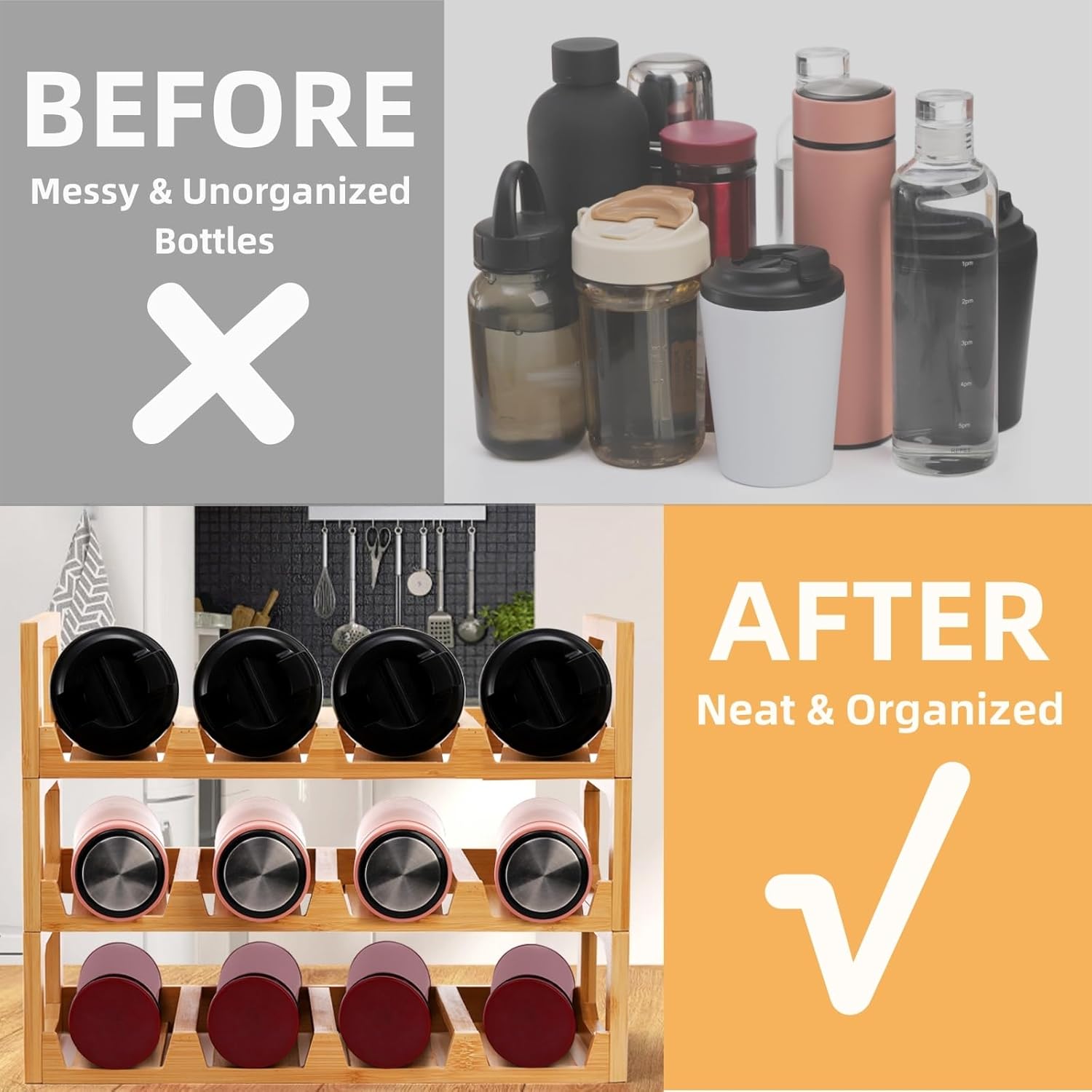 3 Tier Bamboo Water Bottle Organizer for Kitchen Cabinet