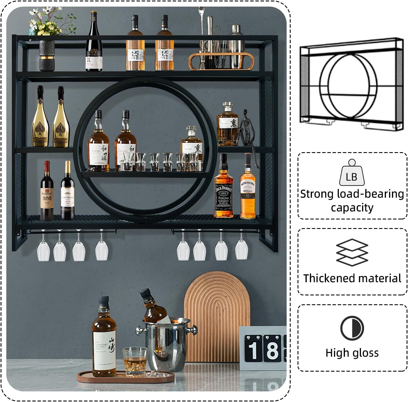 Bakufu 3 Tier Wall-Mounted Wine Rack with Stemware Holder 1